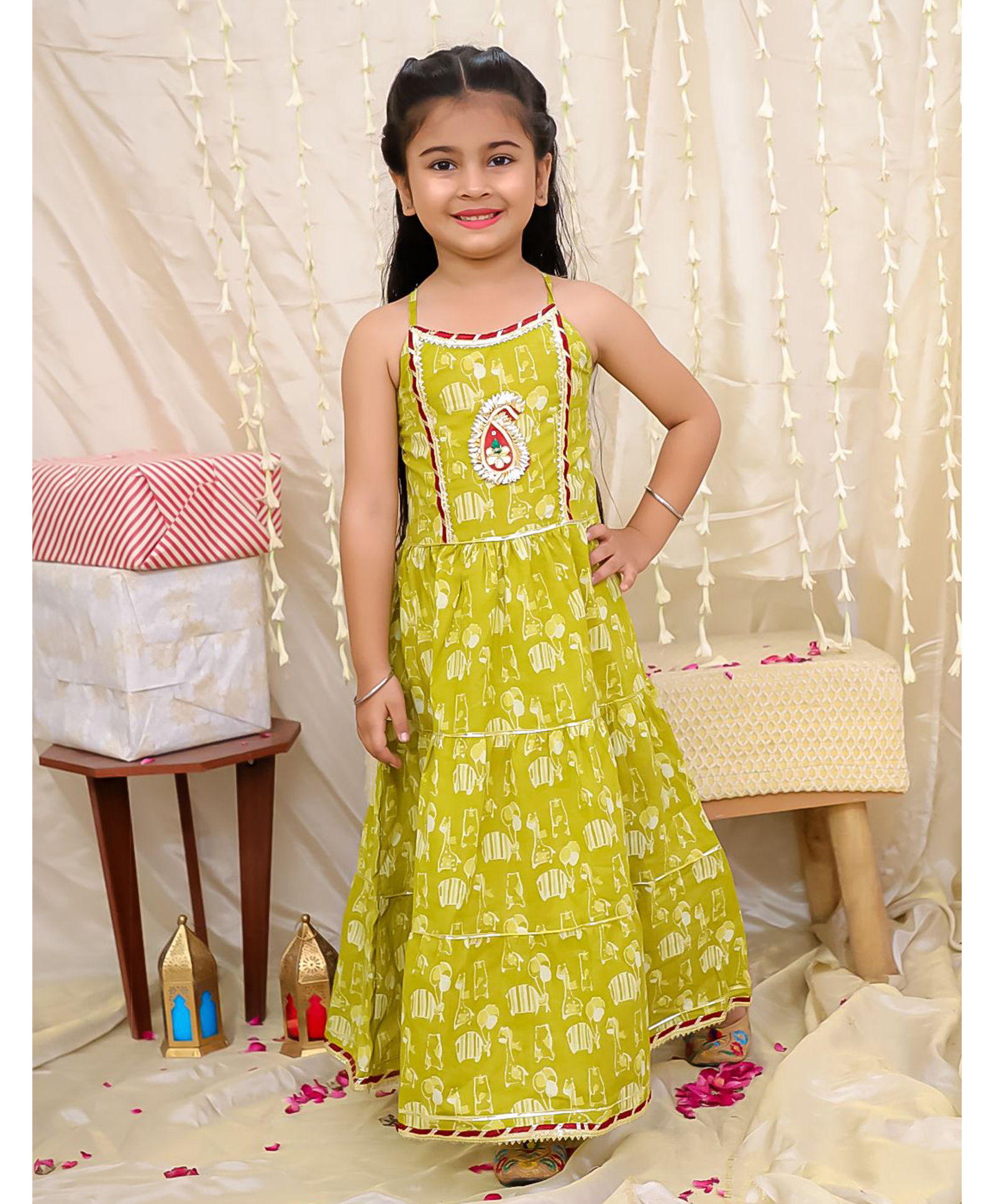 KID1 Cotton Woven Sleeveless Animal Printed Ethnic Dress - Olive Green-image-46