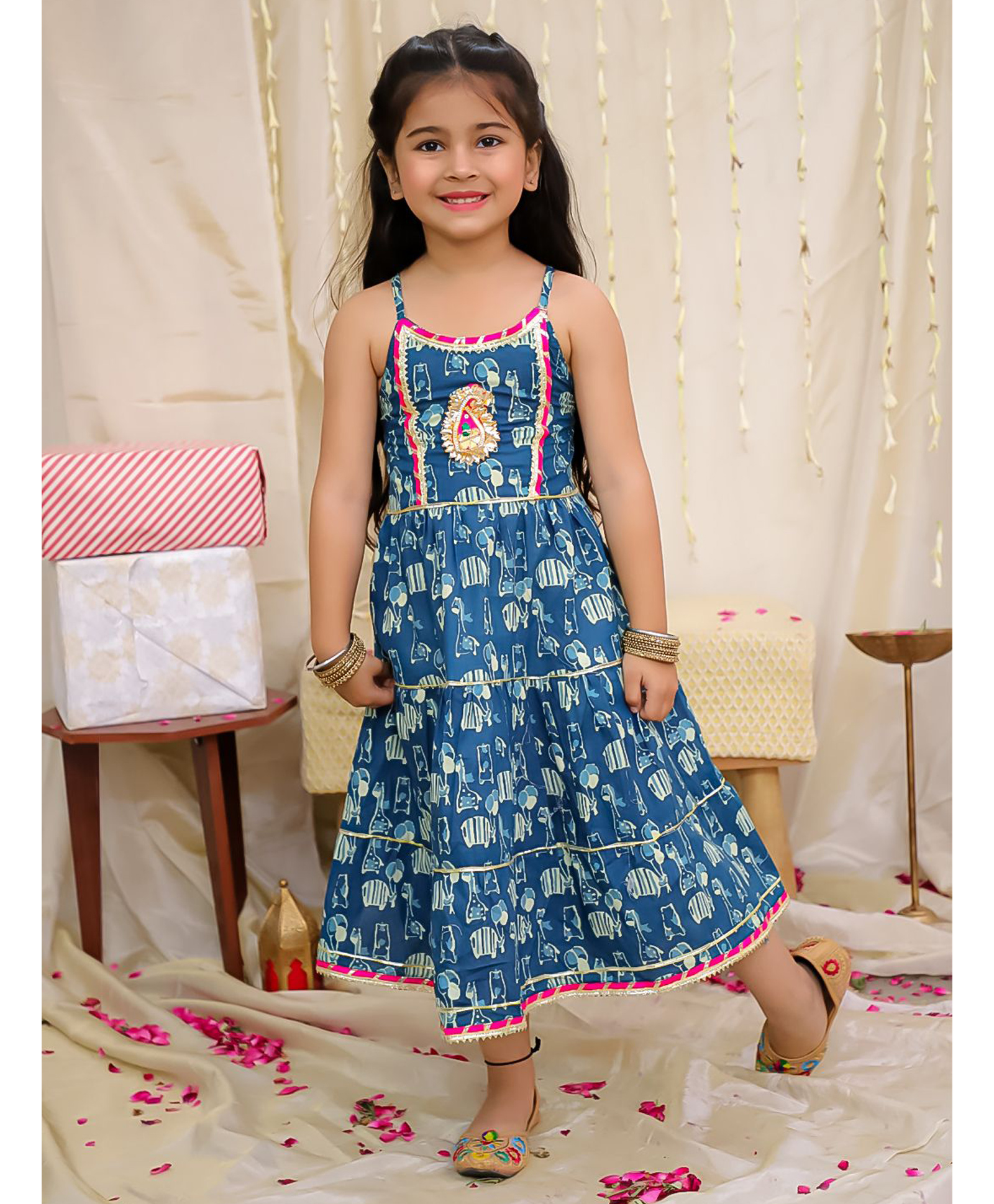 KID1 Cotton Woven Sleeveless Animal Printed Ethnic Dress - Blue-picture-44