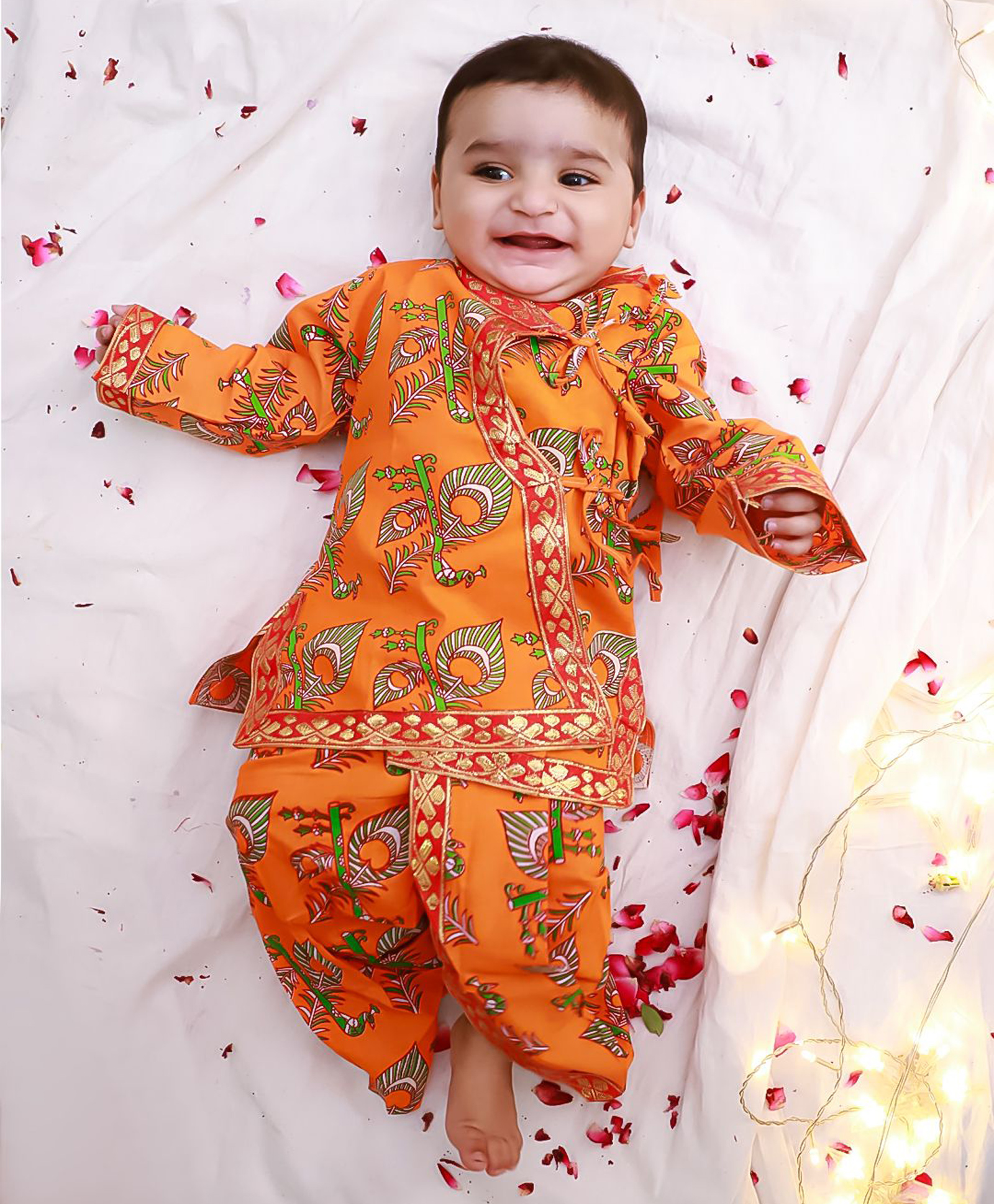 KID1 Cotton Woven Full Sleeves Anghrakha Kurta Dhoti Set with Bansuri & Mor Pankh Print - Orange-image-46