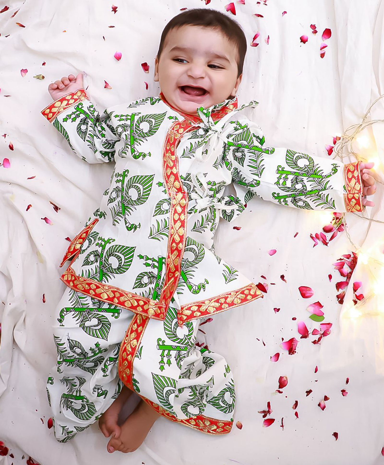 KID1 Cotton Woven Full Sleeves Anghrakha Kurta Dhoti Set with Bansuri & Mor Pankh Print - White-picture-44