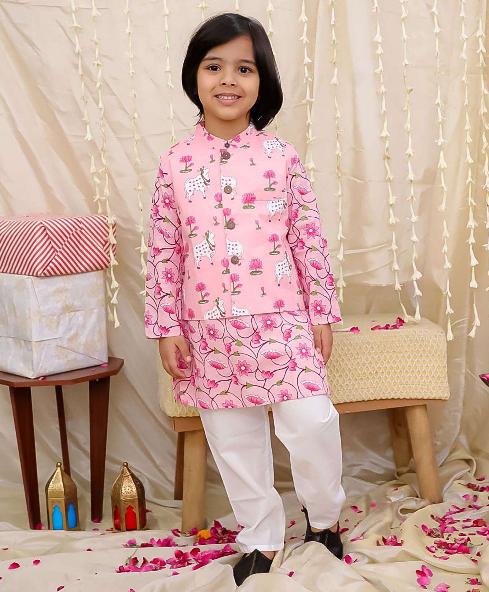 KID1 Cotton Woven Full Sleeves Printed Motif Jacket Kurta Pyjama Set - Pink-image-29