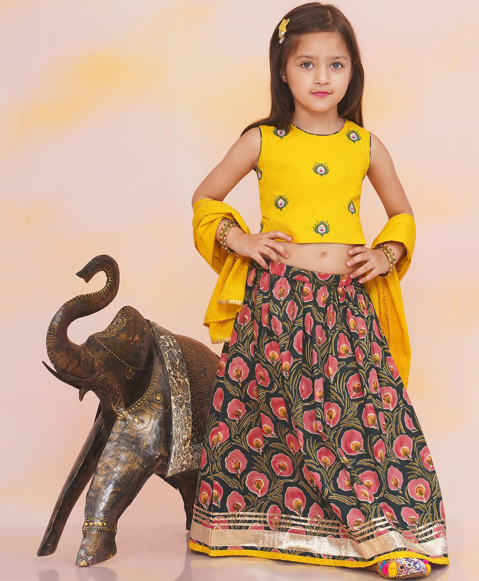KID1 Cotton Woven Sleeveless Leela Choli With Printed Lehenga & Cushed Dupatta Set - Yellow & Green-image-5