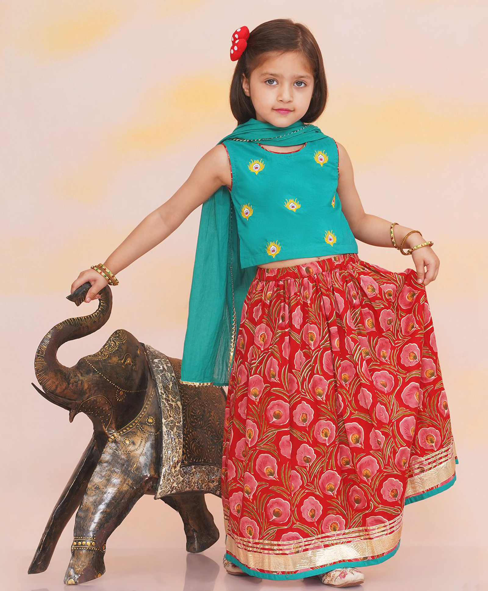 KID1 Cotton Woven Sleeveless Leela Choli With Printed Lehenga & Cushed Dupatta - Green & Red-image-6