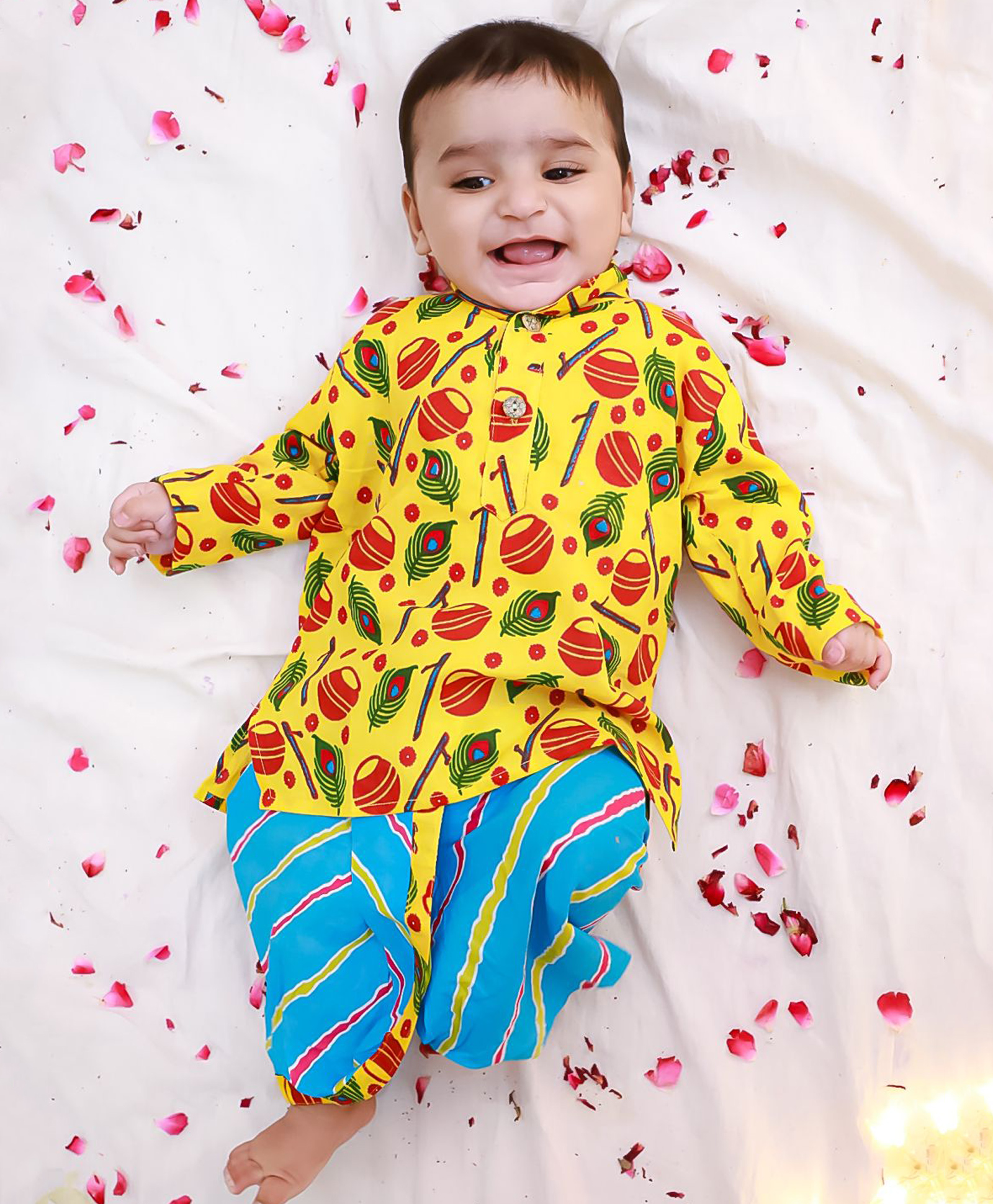 KID1 Cotton Woven Full Sleeves Nat Khat Kanha Kurta Dhoti Set - Yellow & Blue-picture-41
