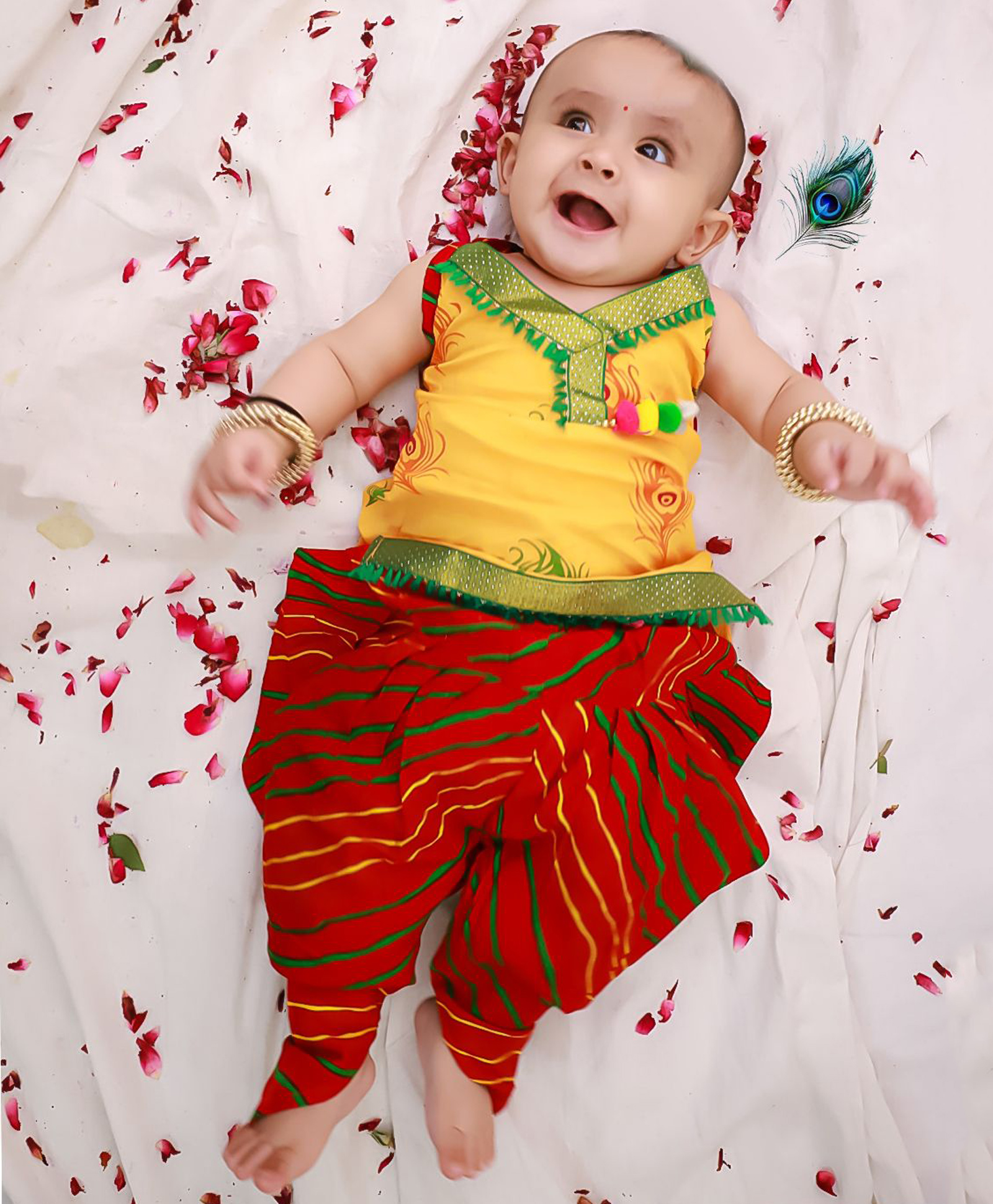 KID1 Cotton Woven Janmasthami Theme Sleeveless Morpankh Halter Neck Kurti Dhoti Set - Yellow-picture-43