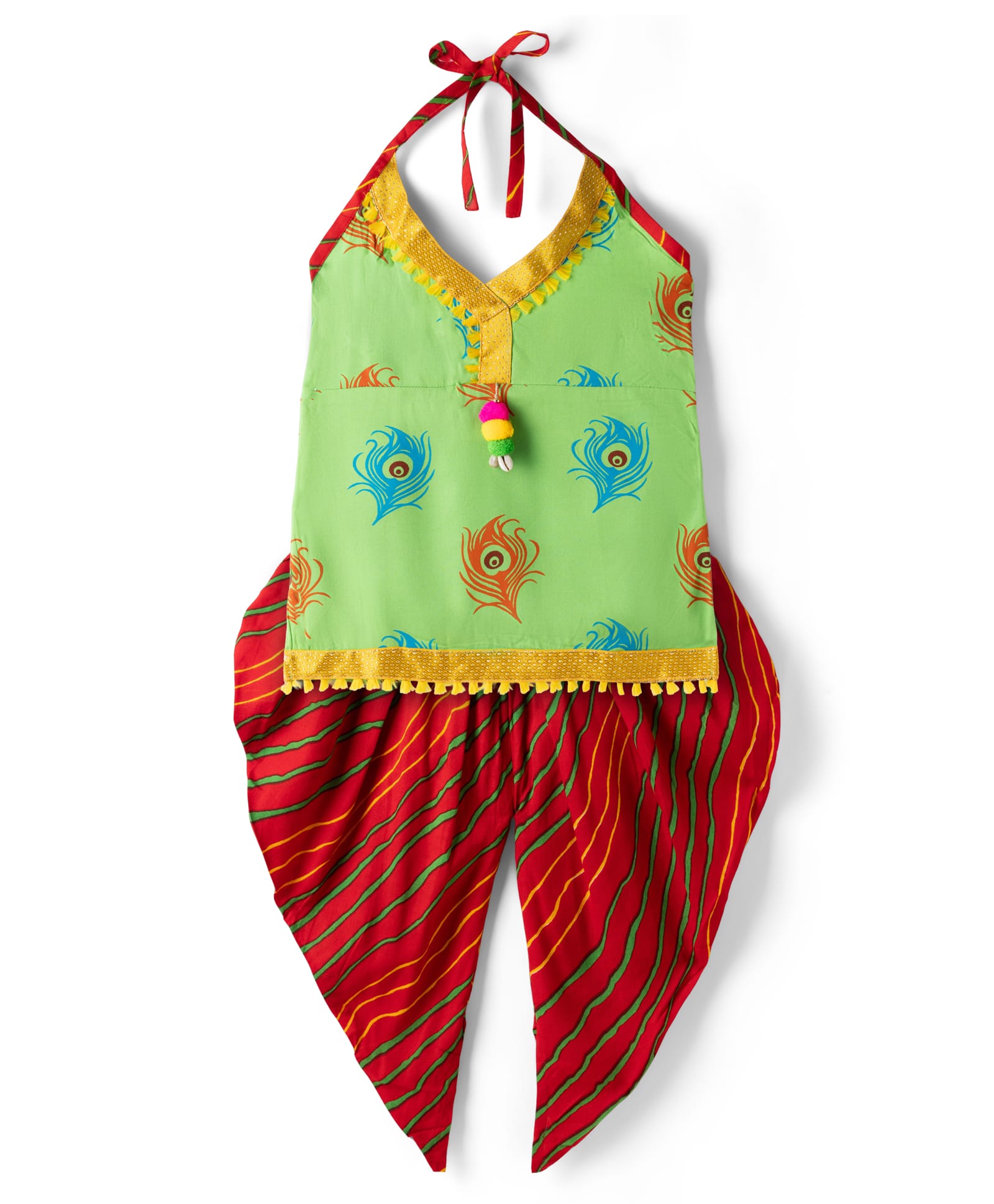 KID1 Cotton Woven Janmasthami Theme Sleeveless Morpankh Halter Neck Kurti Dhoti Set - Green-picture-21