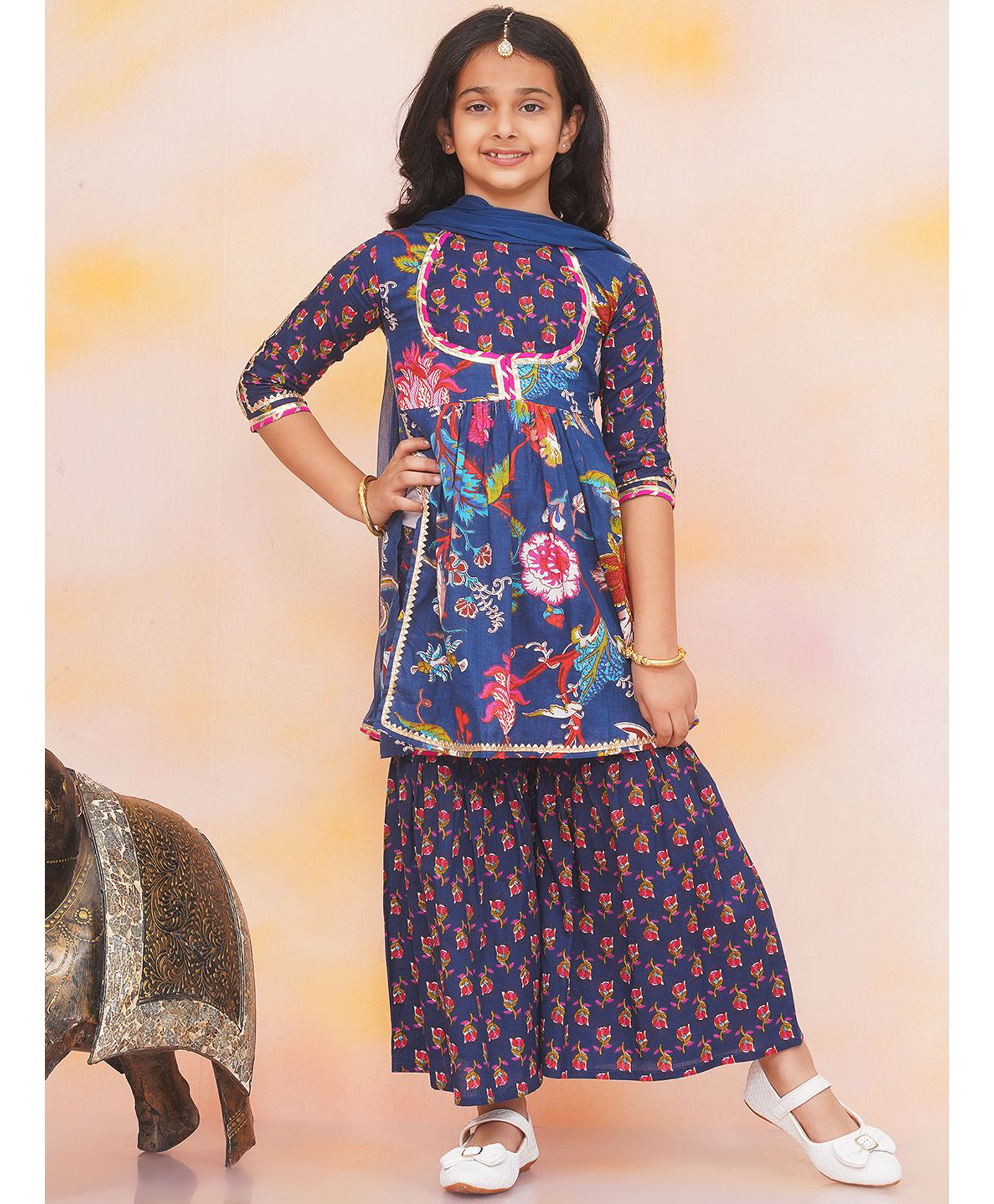 KID1 Cotton Woven Three Fourth Sleeves Printed Kurti Gharara Set with Dupatta - Navy Blue-image-49