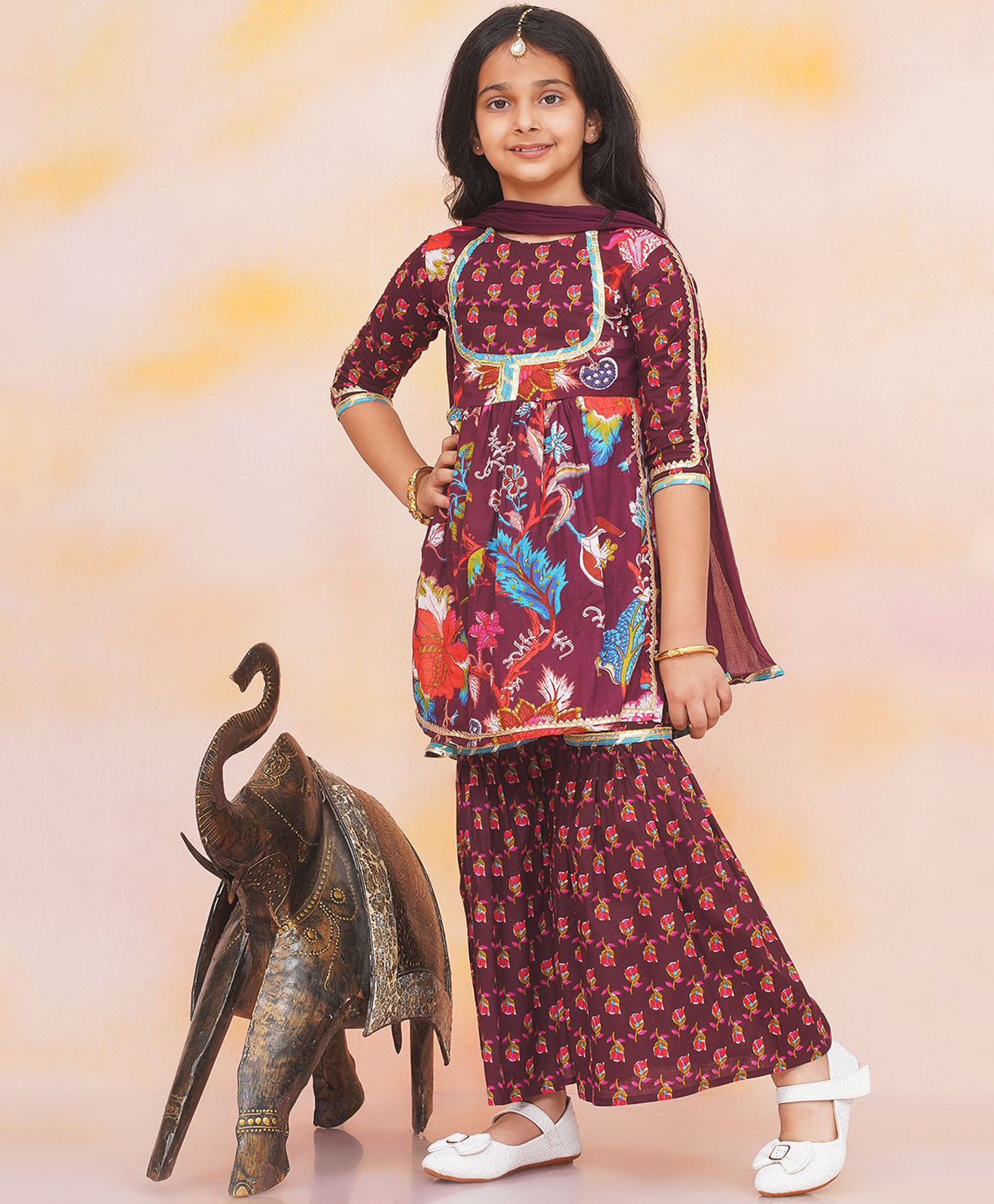 KID1 Cotton Woven Three Fourth Sleeves Floral Printed Kurti Gharara Set with Dupatta - Wine-picture-16
