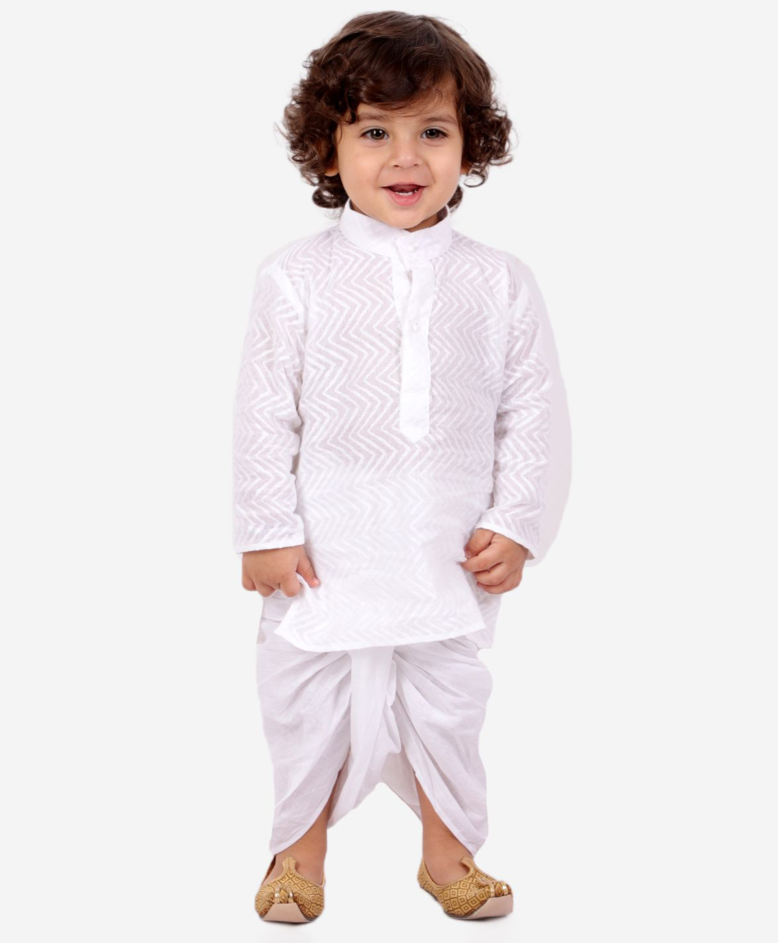 KID1 Cotton Full Sleeves Zig Zag Printed Kurta Dhoti Set - White-picture-2