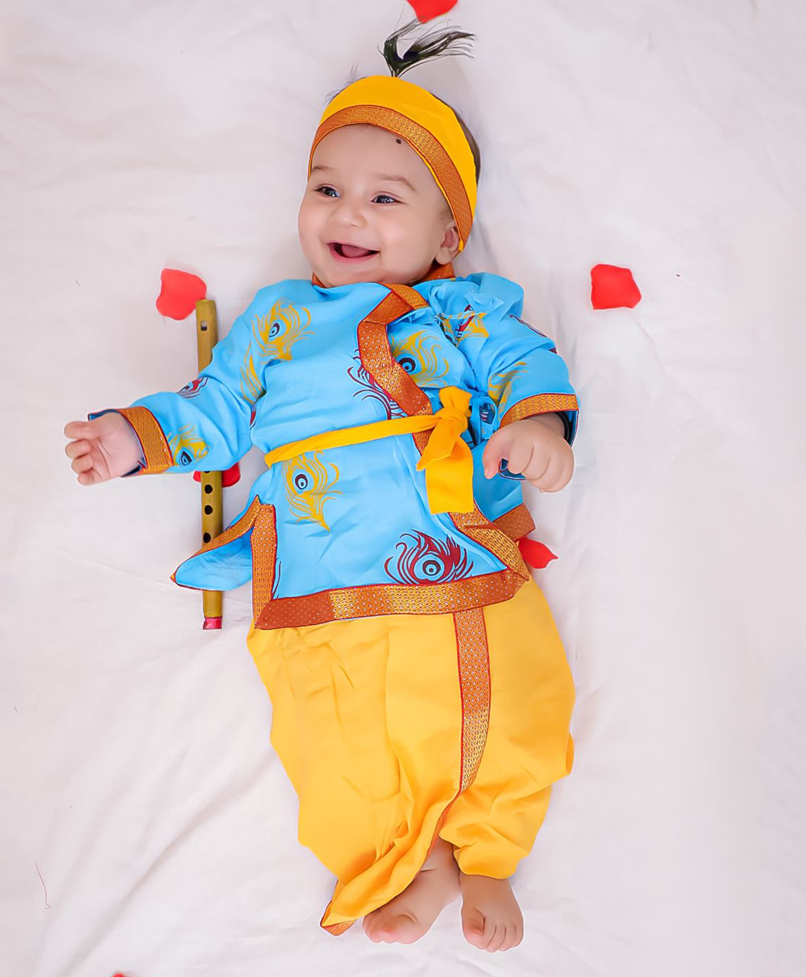 KID1 Cotton Woven Janmasthami Theme Full Sleeves Kanha Angrakha Dhoti Set With Morpankh And Headband - Blue-picture-45