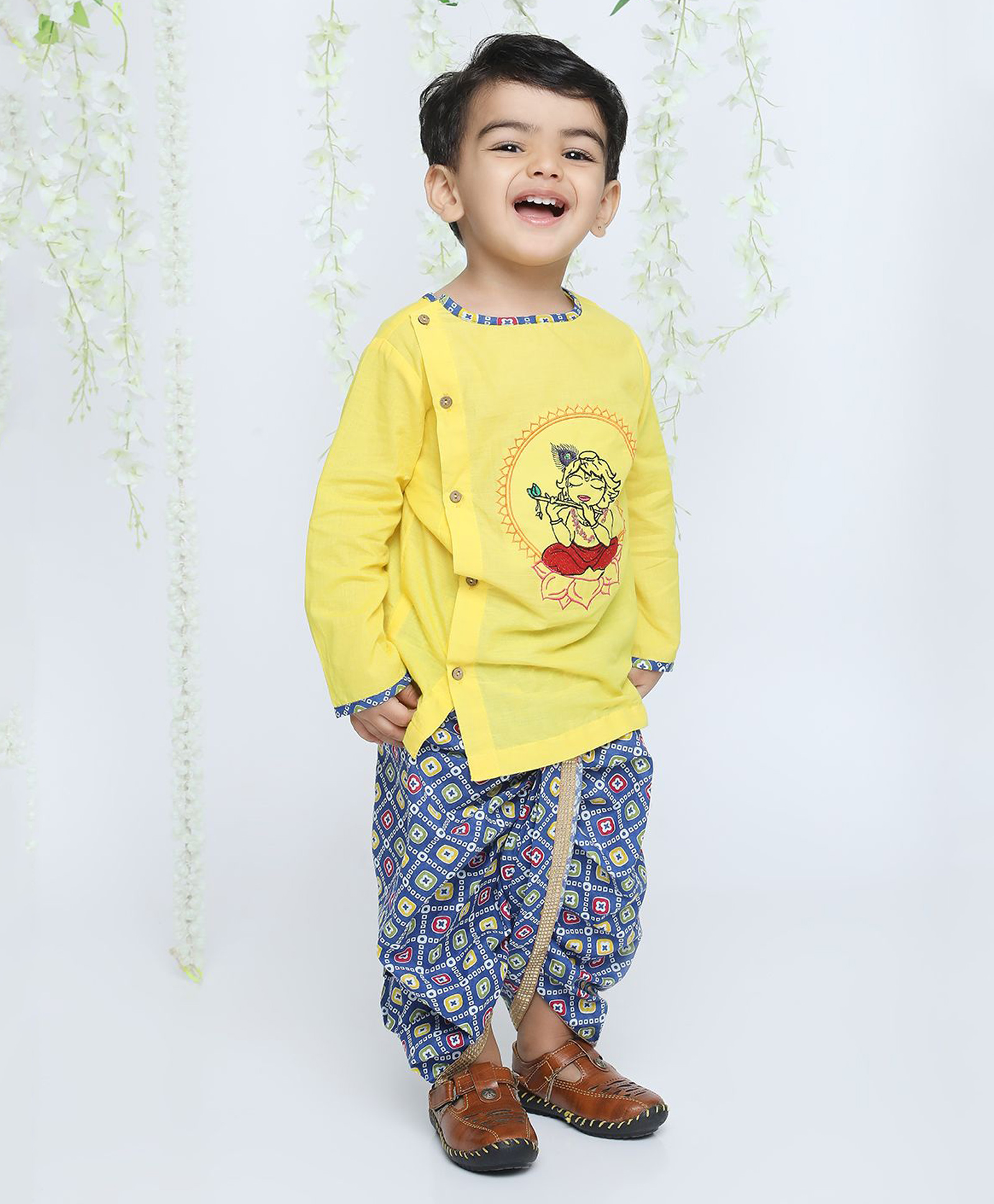 KID1 Cotton Full Sleeves Embroidered Mayur Krishna Dress- Yellow-image-26