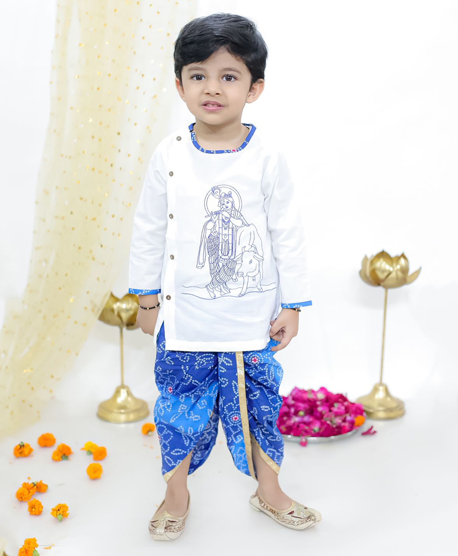 KID1 Cotton Full Sleeves Printed Jamna Krishna Dhoti Set- White/ Blue-picture-44