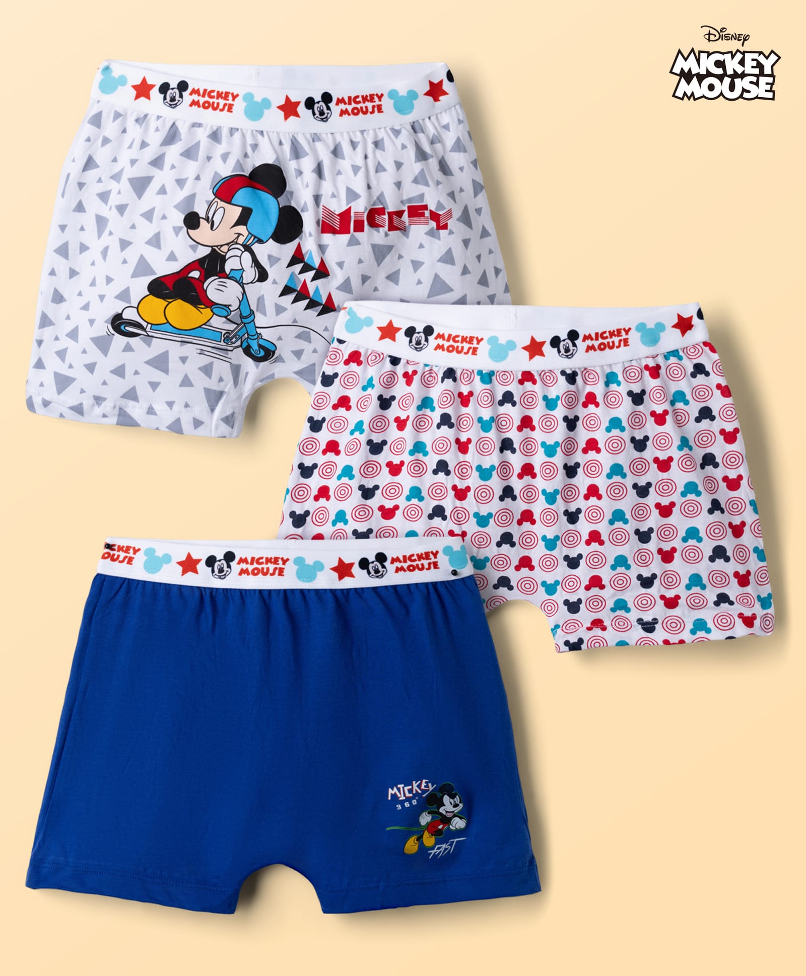 Disney By Bodycare Knitted Trunks With Mickey Mouse & Friends Graphic Pack Of 3 - Blue & White-image-2