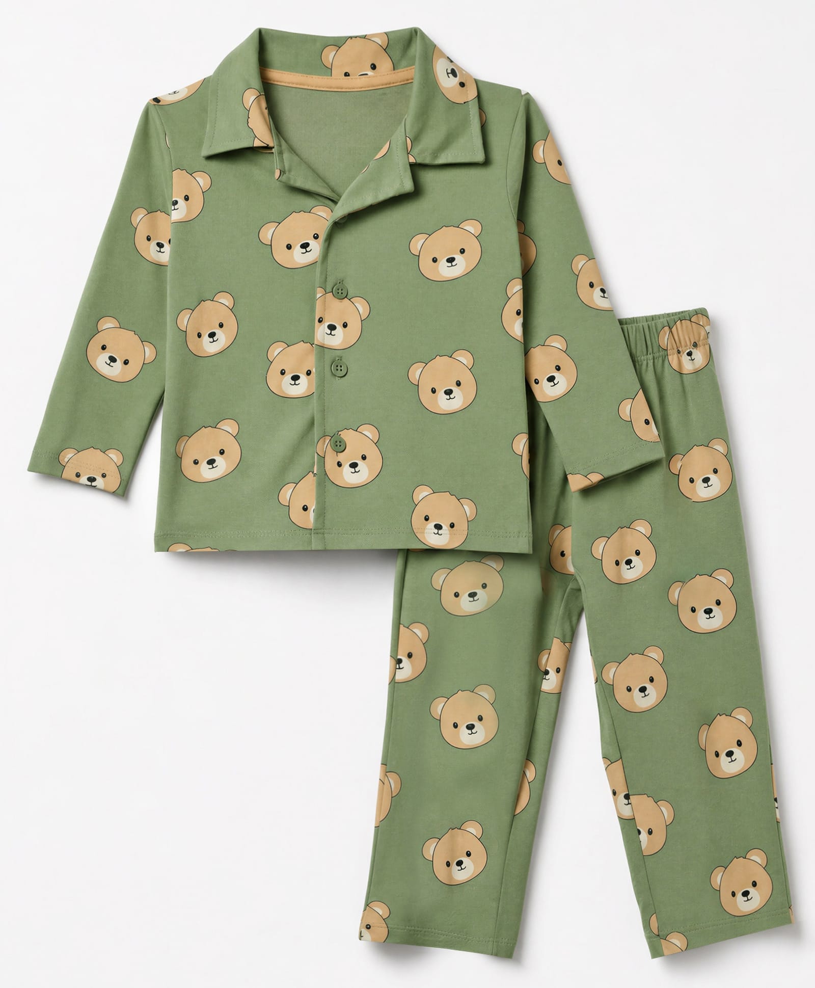 Babyhug Cotton Knit Full Sleeves Co-Ords Shirt & Pyjama Night Suit with Bear Print - Green-image-47