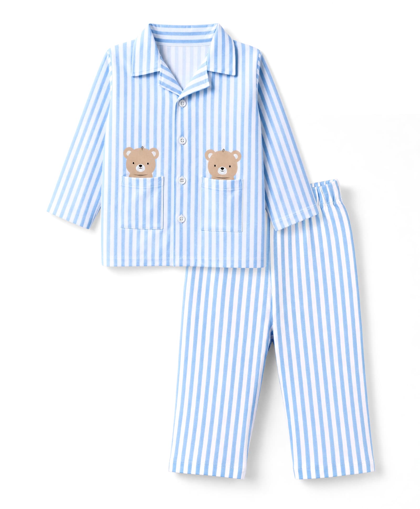 Babyhug Cotton Knit Full Sleeves Striped Shirt & Pyjama Night Suit with Bear Print - Light Blue-image-24