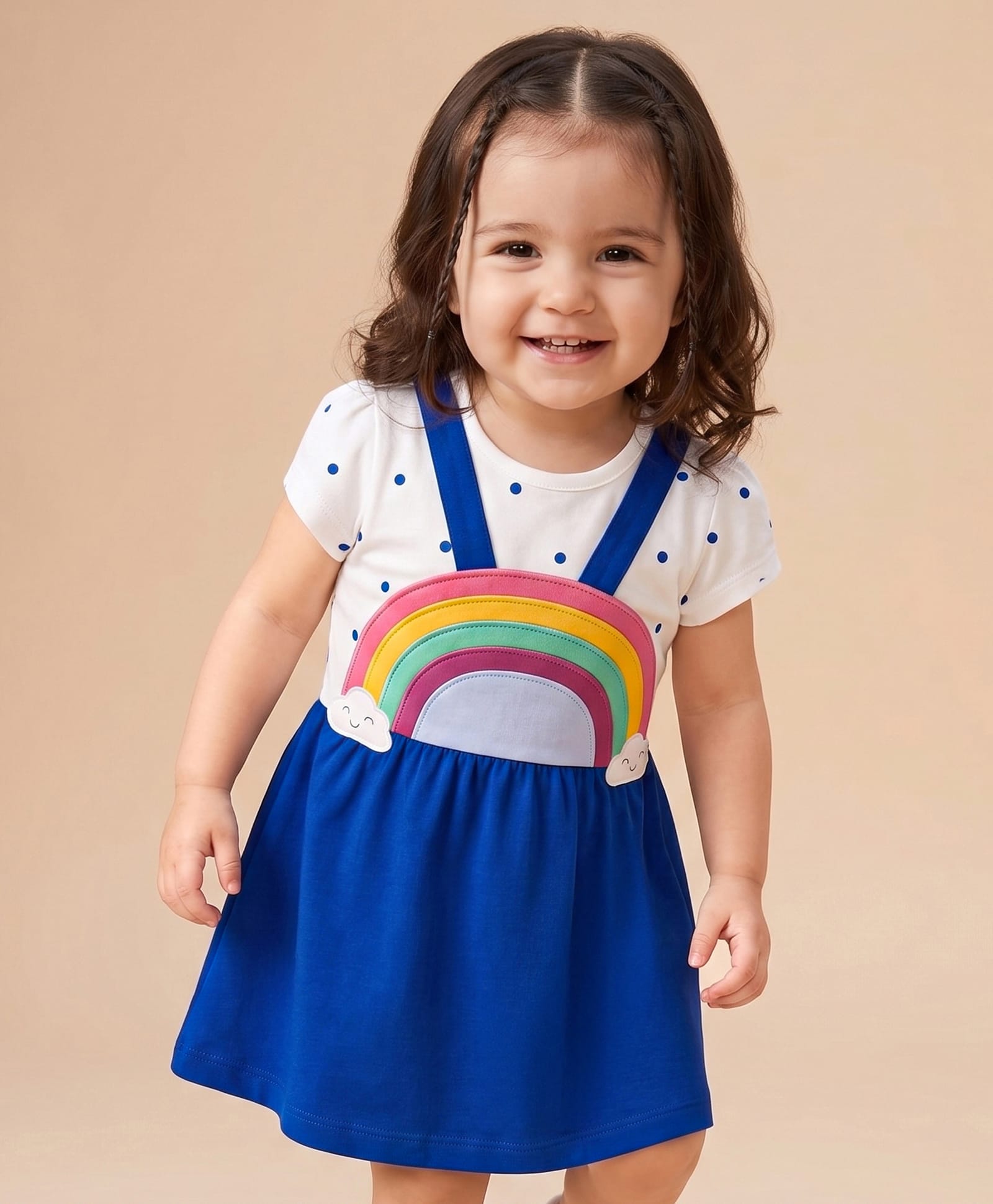 Babyhug Cotton Knit Cap Sleeves Rainbow Appliqued Frock With Inner Tee With Polka Dots Print - Navy Blue-image-43