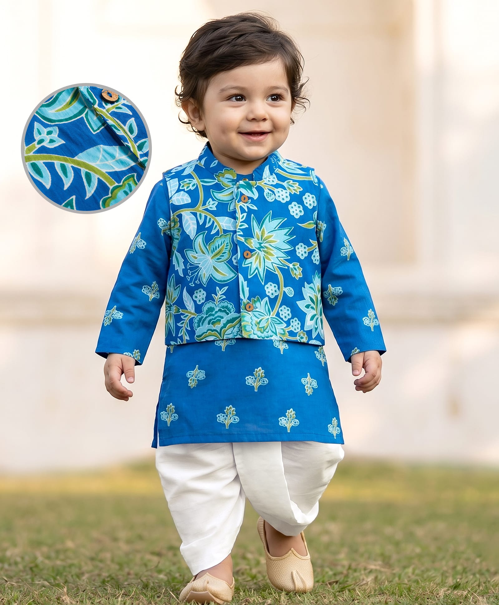 EARTHY TOUCH Cotton Woven Full Sleeves Floral Printed Dhoti Kurta Set With Jacket - Blue-picture-16