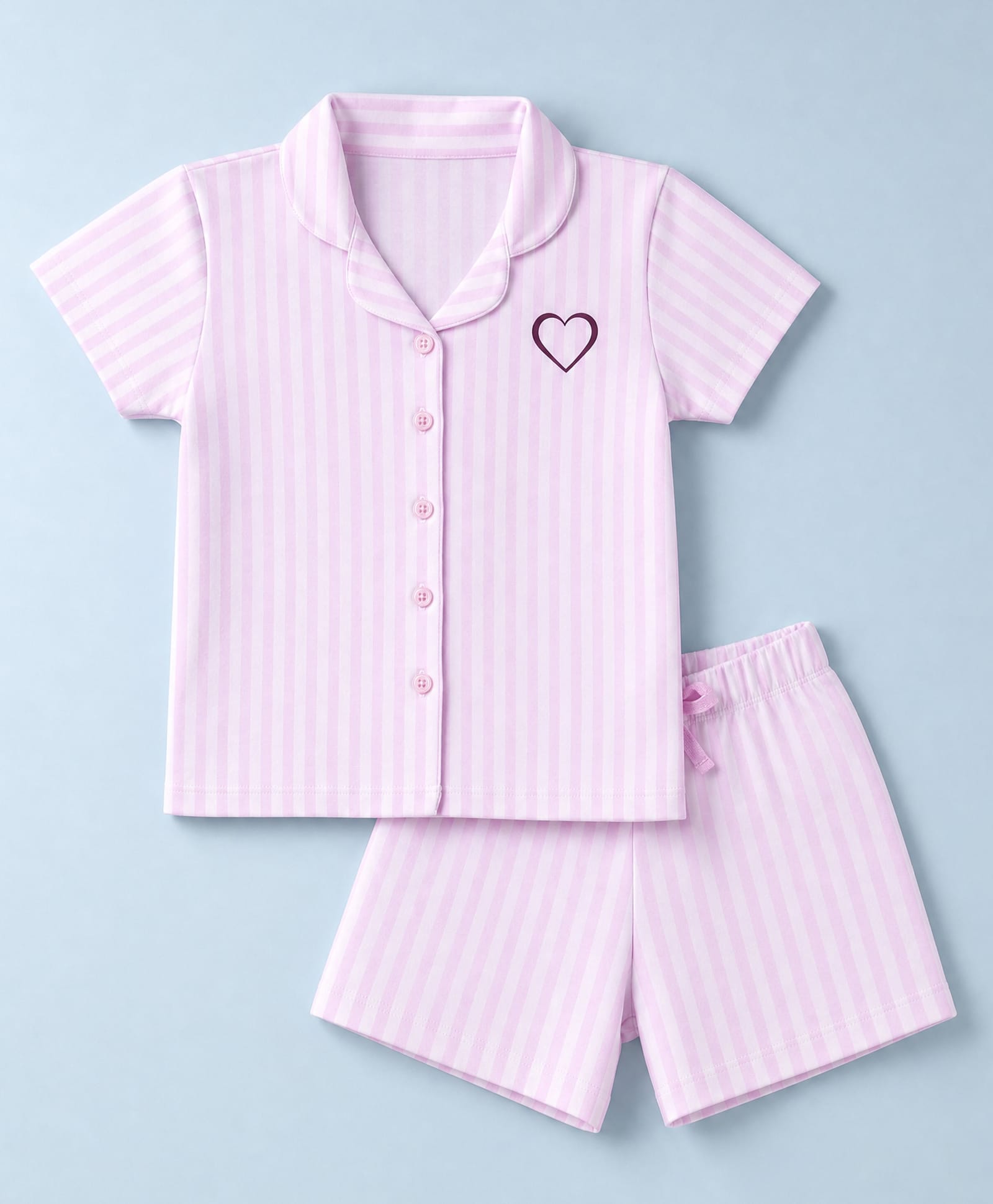 Kookie Kids Single Jersey Knit Half Sleeves Striped Shirt & Shorts Night Suit with Heart Print - Pink-image-46