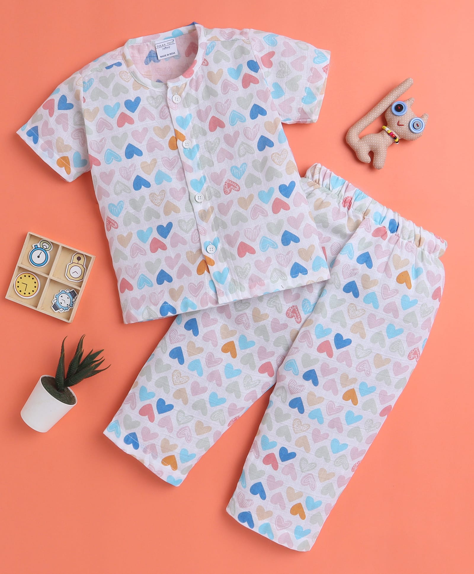 Polka Tots Muslin Woven Half Sleeves Co-Ords Shirt & Pyjama Night Suit with Heart Print - Pink-picture-39