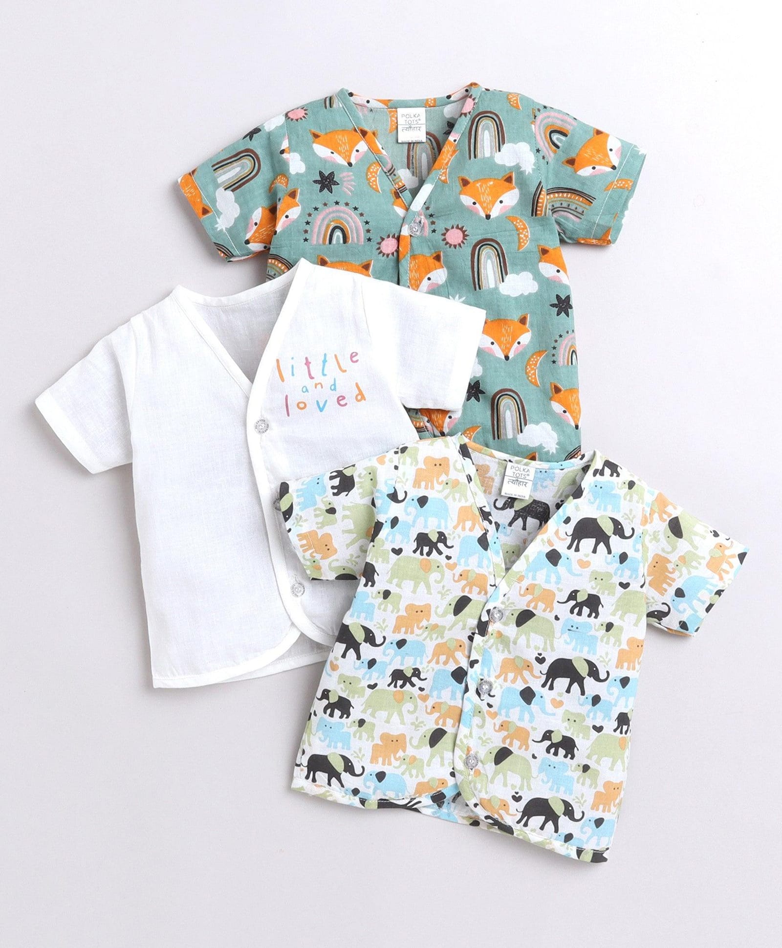 Polka Tots Cotton Muslin Woven Half Sleeves Jhablas with Fox Elephant Print Pack of 3 - White, Teal, Light Blue-picture-48