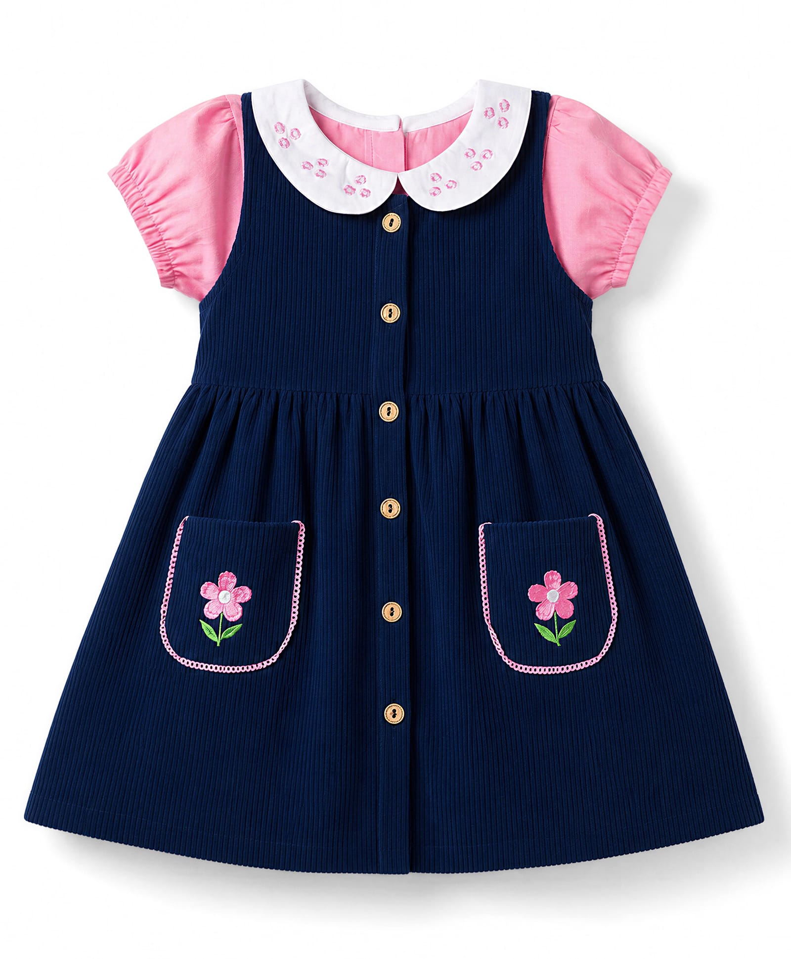 Babyhug Cotton Woven Half Sleeves Floral Embroidered Frock With Inner Tee - Navy Blue & Pink-image-22