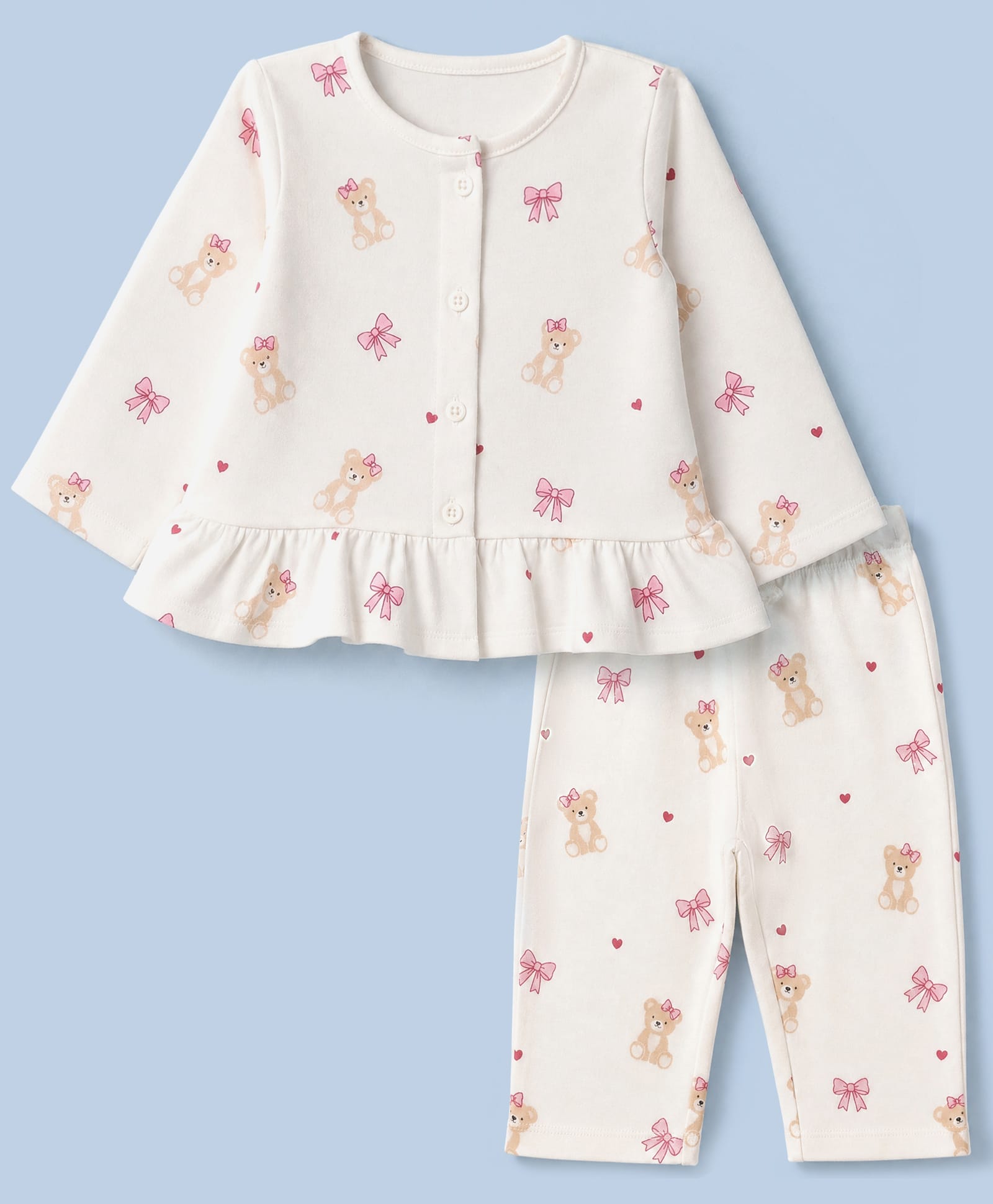 Babyhug Cotton Knit Full Sleeves Co-Ords T-Shirt & Pyjama Night Suit with Bow & Bear Print - White-image-44
