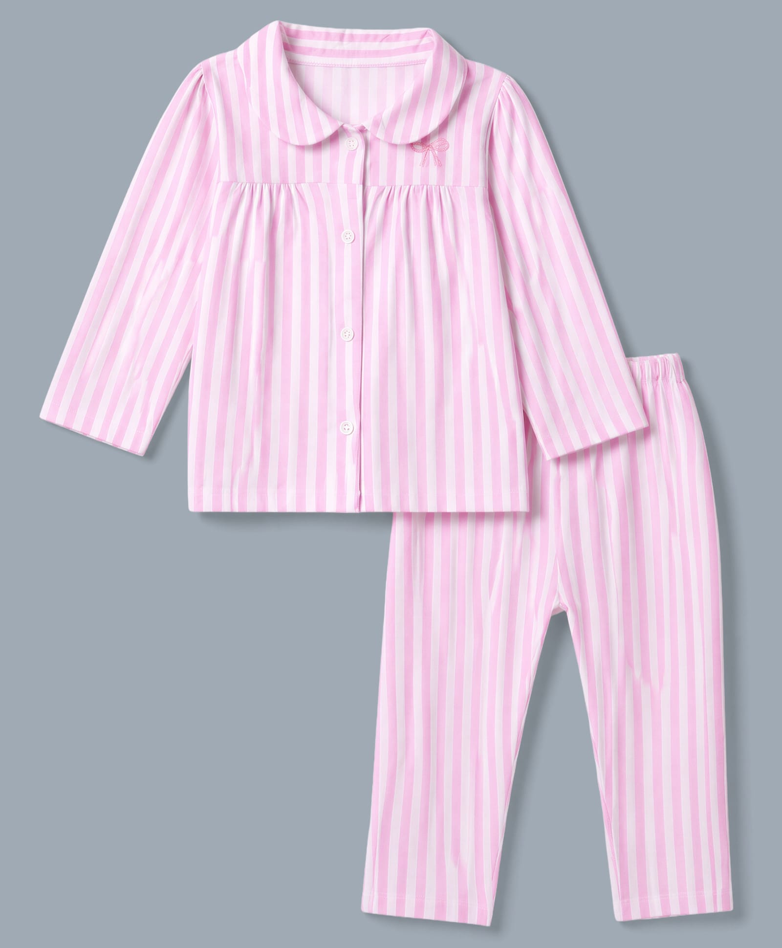 Babyhug Cotton Knit Full Sleeves Striped Co-Ords Top & Pyjama Night Suit with Bow Embroidery - Pink-image-48