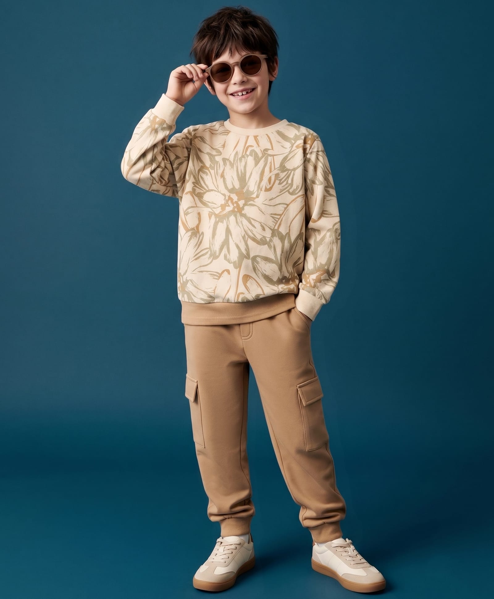 OLLINGTON ST.Winterwear Set Of Cotton Knit Floral Printed Full Sleeve Sweatshirt & Joggers Set - Multicolour & Tan-image-29