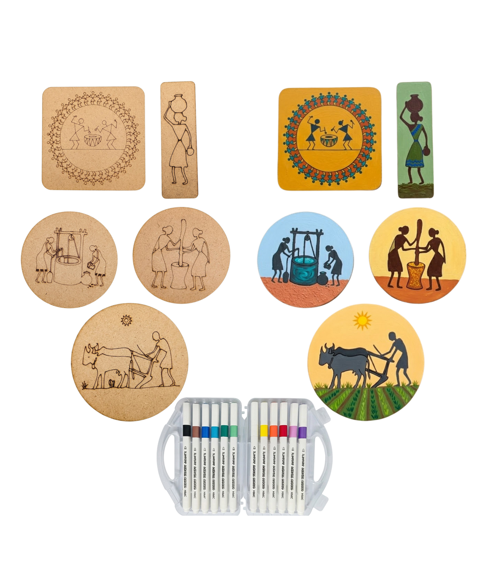 Crackles Warli Art DIY Kit with 12 Acrylic Markers | Wooden MDF Painting Kit with Coasters, Fridge Magnet, Bookmark & Art Board | Screen-Free Creative Gift for Kids, Return Gift & Hobby Kit-picture-22
