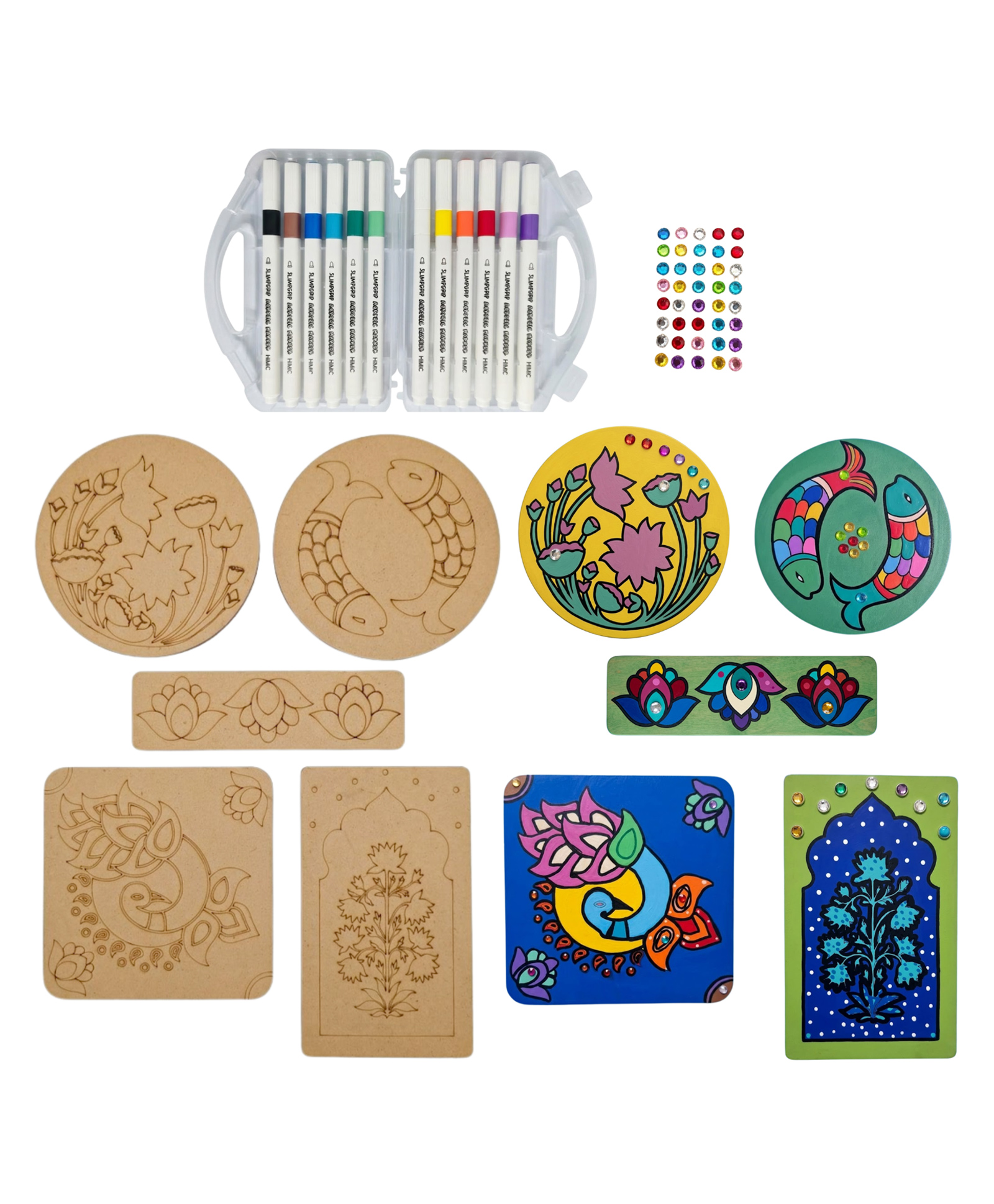 Crackles Pichwai DIY Art Kit for Kids & Adults | MDF Laser Cut Painting Kit with 12 Acrylic Markers, Tea Coasters, Bookmark, Jharokha & Art Board | Craft Kit with Gems | Return Gift & Hobby Set-picture-17