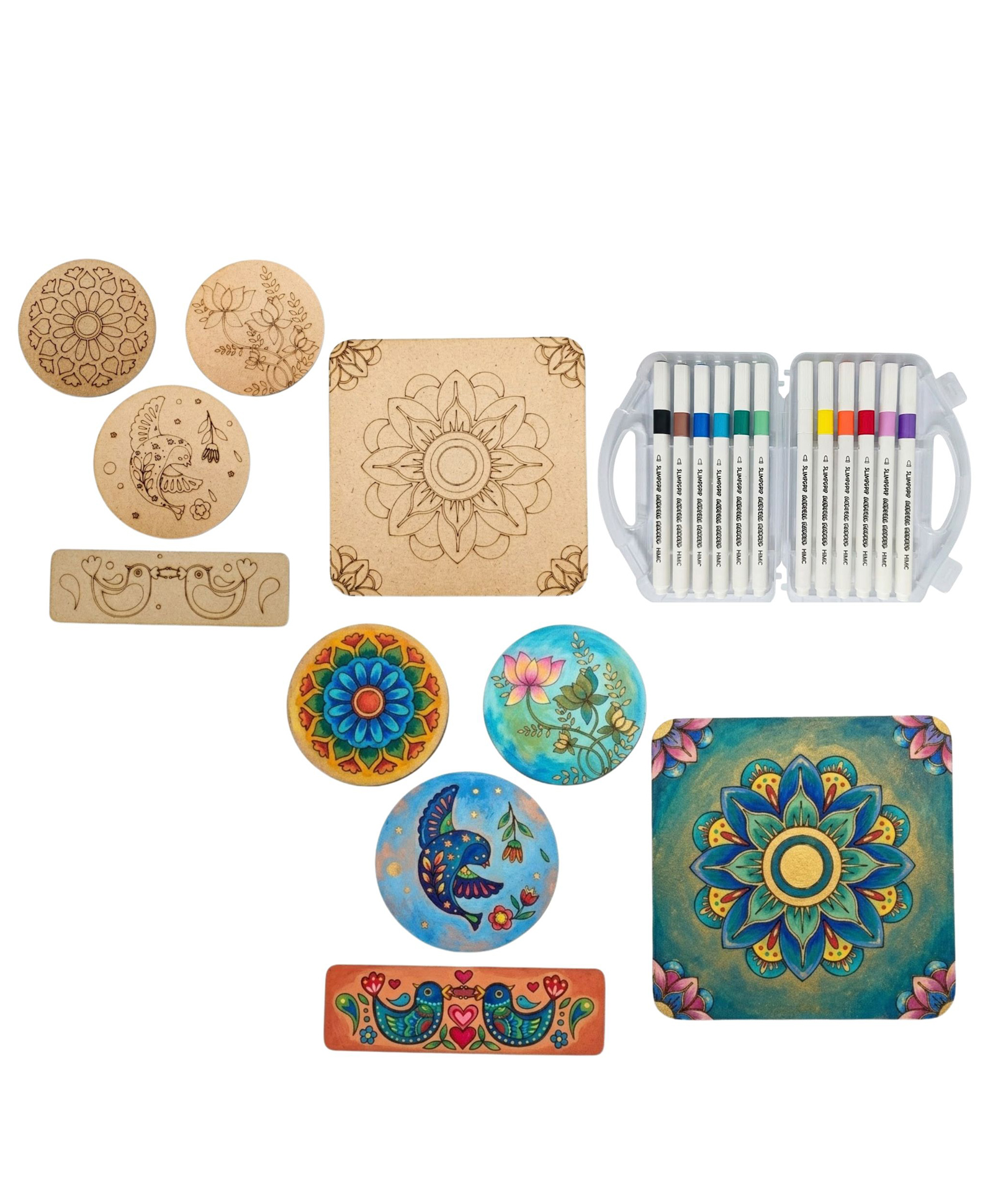 Crackles DIY Madhubani Art Kit with 5 MDF Cutouts & 12 Acrylic Color Pens Art Board, Tea Coasters, Bookmark & Fridge Magnet DIY Craft Kit, Creative Activity & Gift for Kids & Adults-image-26