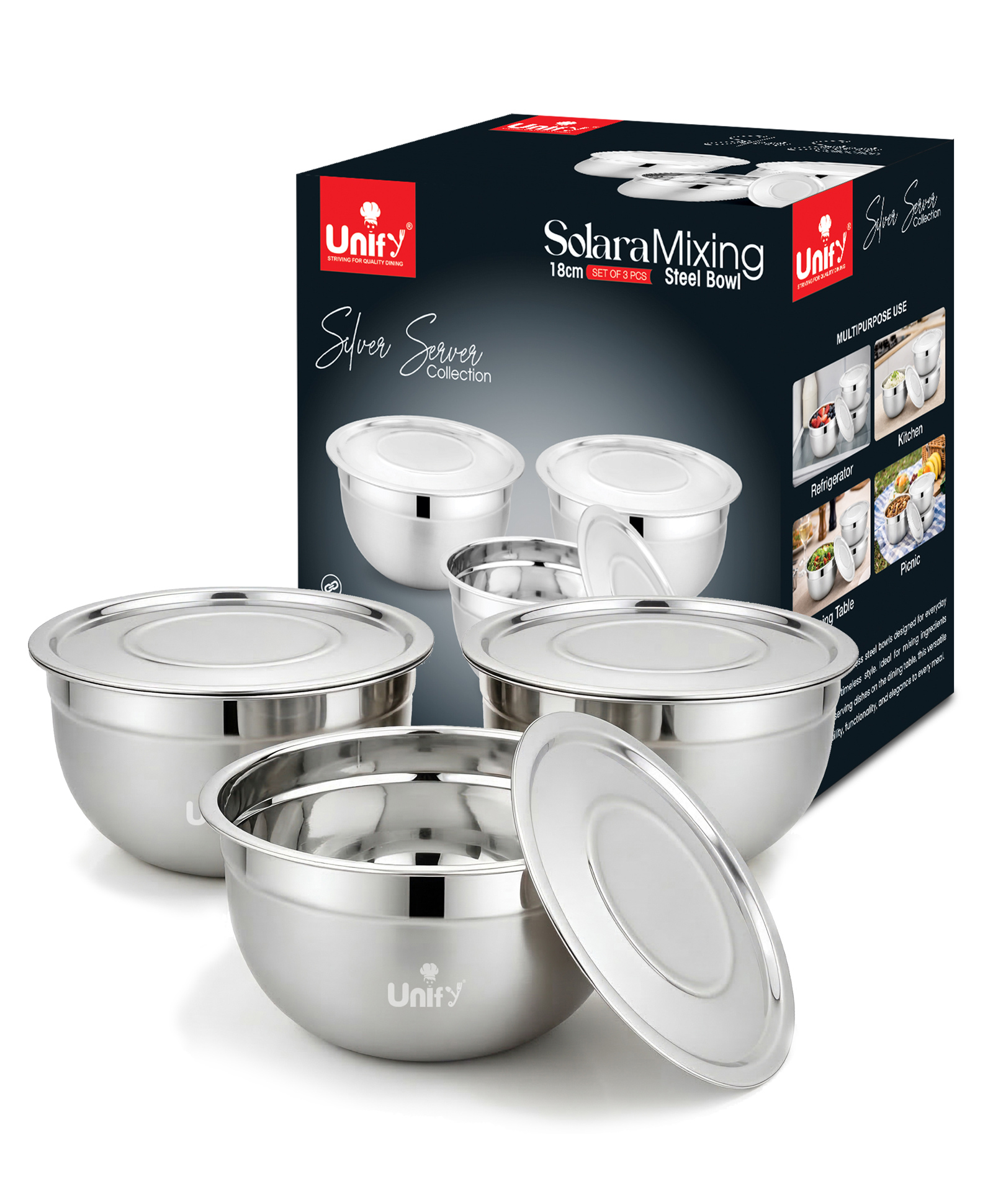 Unify 3 Pieces Stainless Steel Serving Bowl Set with Lid | Steel Mixing Big Bowls | Matt Finish, Kitchen Prep, Salad, Fruit, Desert & Storage Containers | Steel Bowl Set for Kitchen & Dining Use-image-40