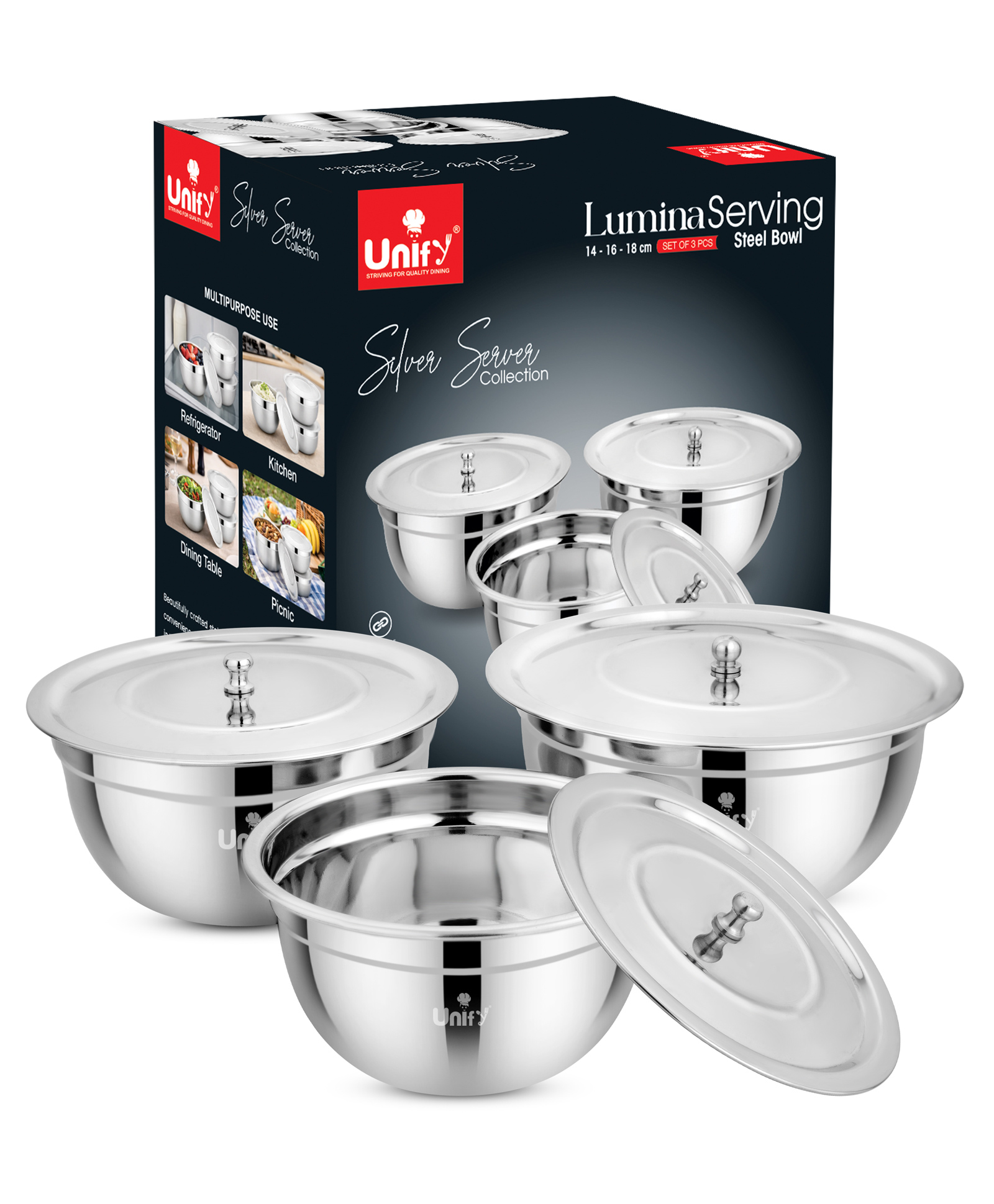 Unify 3 Pieces Stainless Steel Serving Bowl Set with Lid | Steel Serving, Storage & Mixing Bowls | Multipurpose Kitchen Prep Bowl | Mirror Finish Container for Dining & Storage (Silver)-image-2