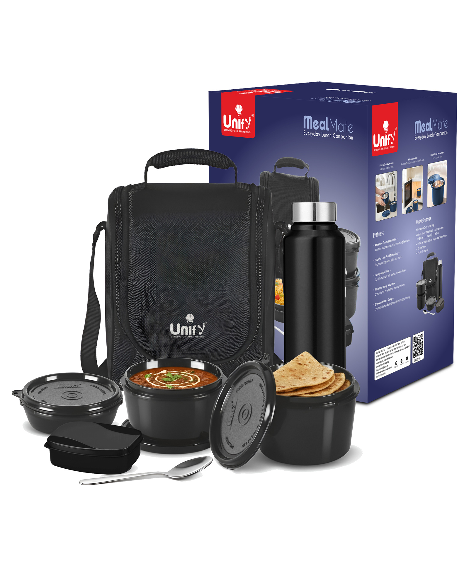 Unify MealMate Lunch Box with 3 Microwave Safe Inner Steel Containers (500ml, 350ml, 200ml), 130ml Plastic Chutney Dabba, Water Bottle 750ml & Spoon | Office Tiffin with Insulated Bag, Black-picture-40