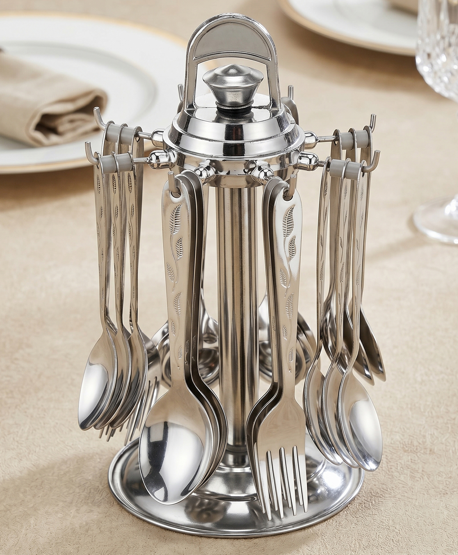 Parage 24 Pieces Lily Cutlery set Stainless Steel With Stand (Contains 6 Dinner Spoons, 6 Tea Spoon, 6 Dinner Fork, 6 Soup Spoons, 1 Stand) Spoon Set for Dining Table Stylish, Mirror Polished-image-17