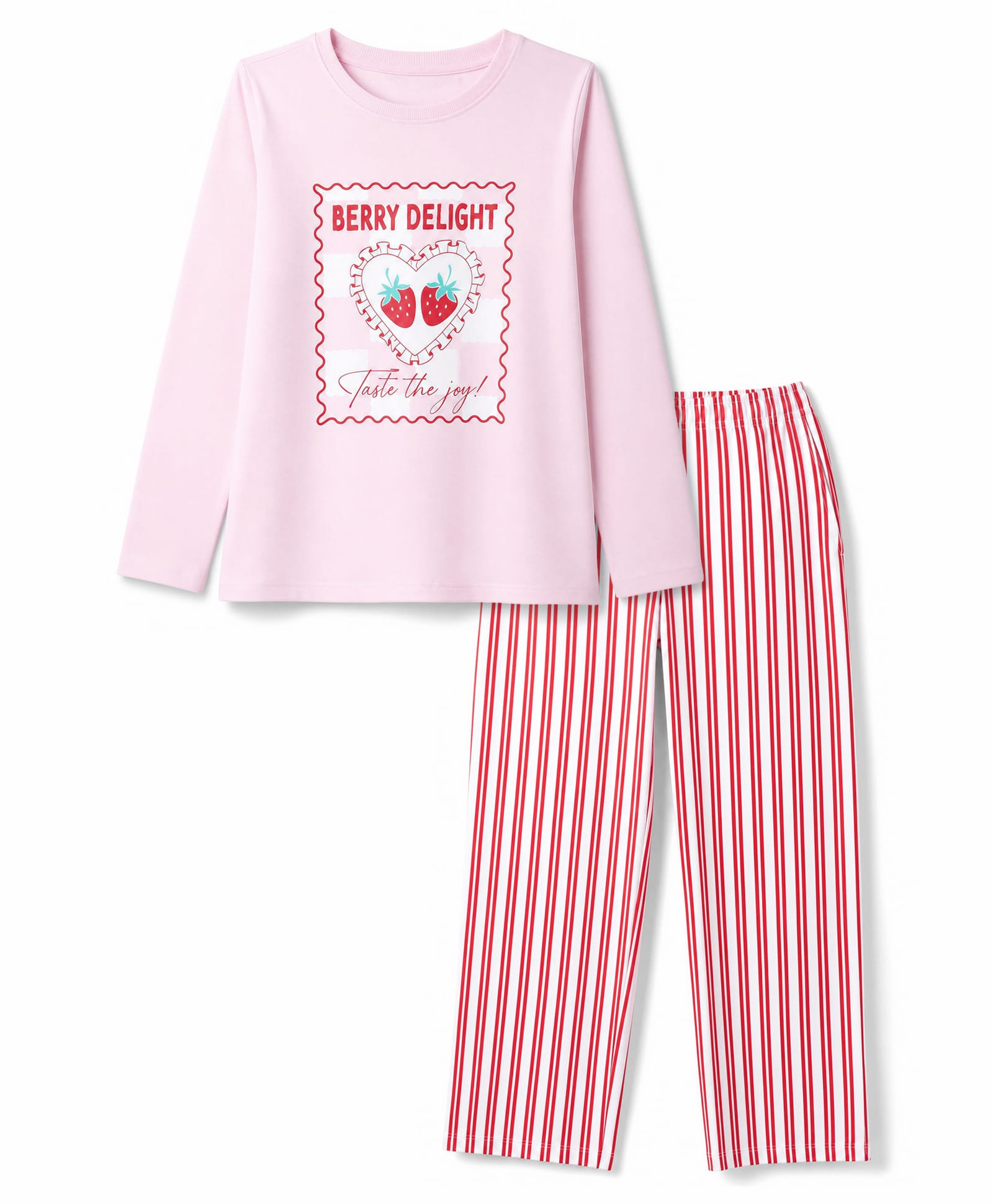Primo Gino 100% Cotton Knit Full Sleeves Text & Strawberry Printed T-Shirt & Striped Pyjama Night Suit - Light Pink-image-32