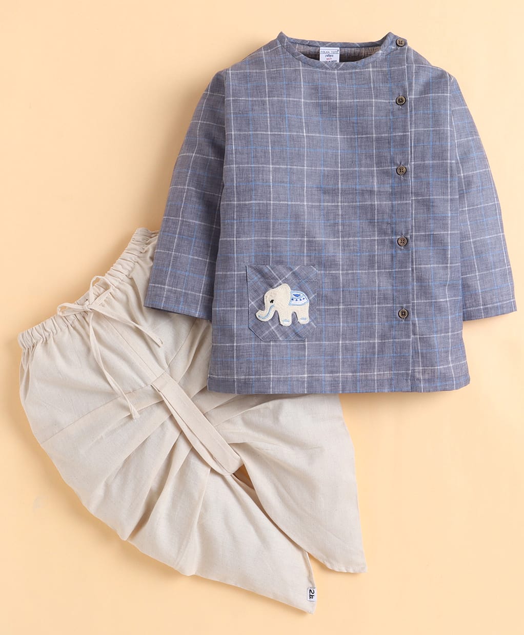 Polka Tots Cotton Woven Full Sleeve Checked & Elephant Patch Detailed Kurta & Dhoti Set - Blue & Off White-image-47