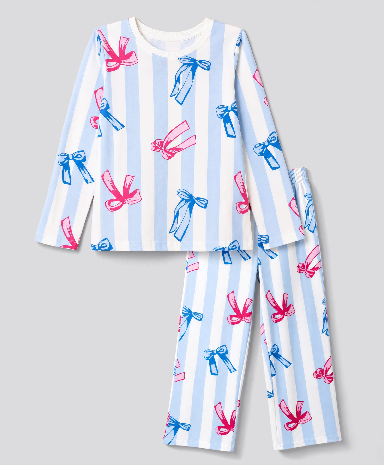 Primo Gino 100% Cotton Knit Full Sleeves Striped Top & Pyjama Night Suit Co-Ords Set With Bow Print - Off-White-image-44