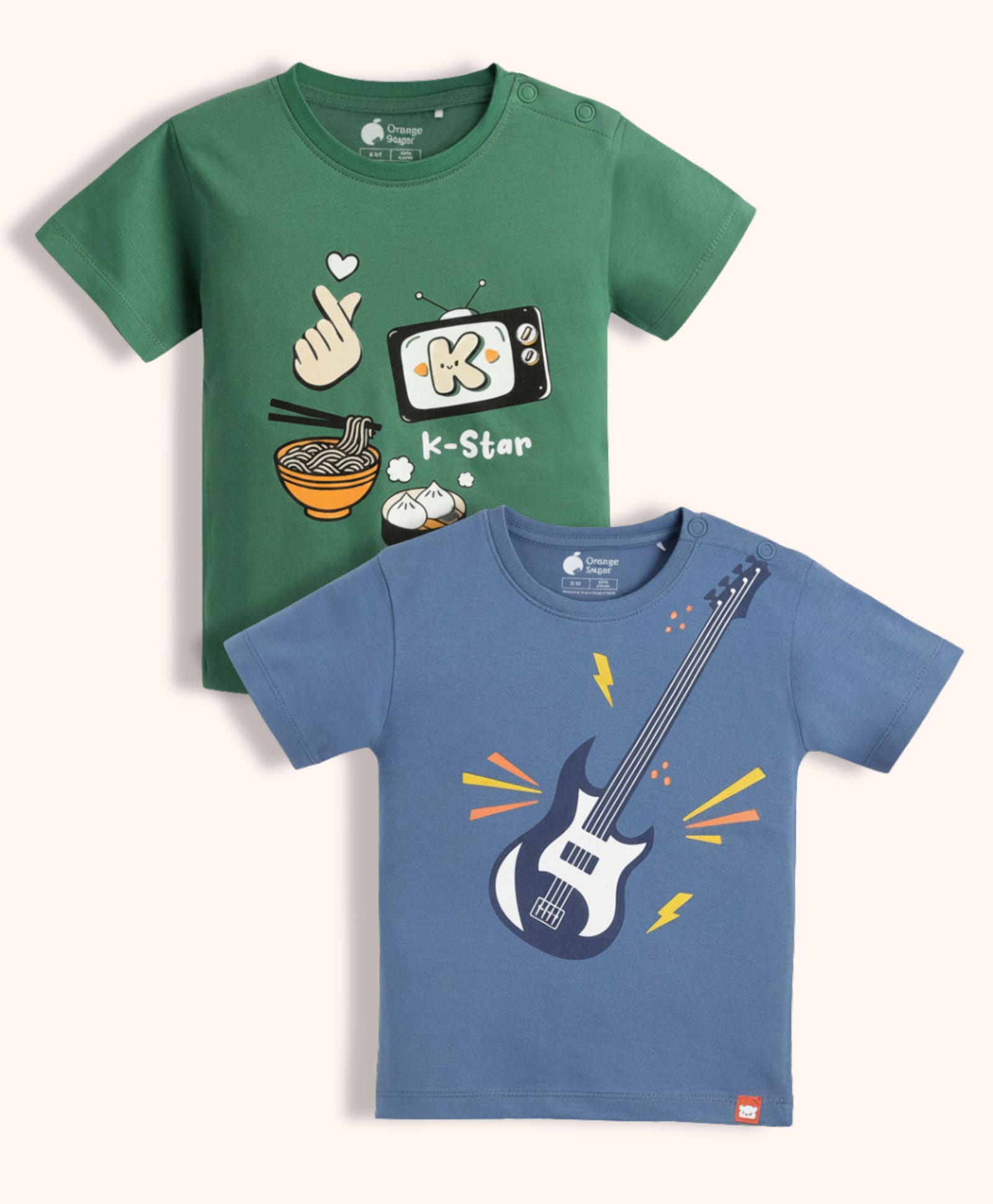 Orange Sugar 100% Cotton Knit Pack Of 2 Half Sleeves K Star Text & Guitar Printed Tees - Green & Air Force Blue-picture-30