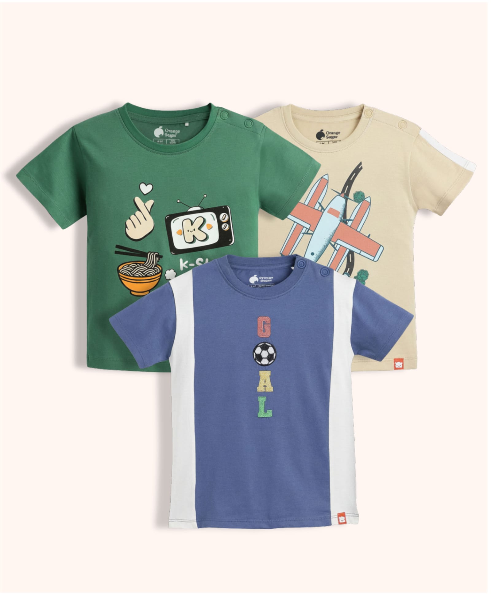 Orange Sugar 100% Cotton Knit Pack Of 3 Half Sleeves Typography Embroidered & Plane Printed Tees - Green Blue & Cream-image-36