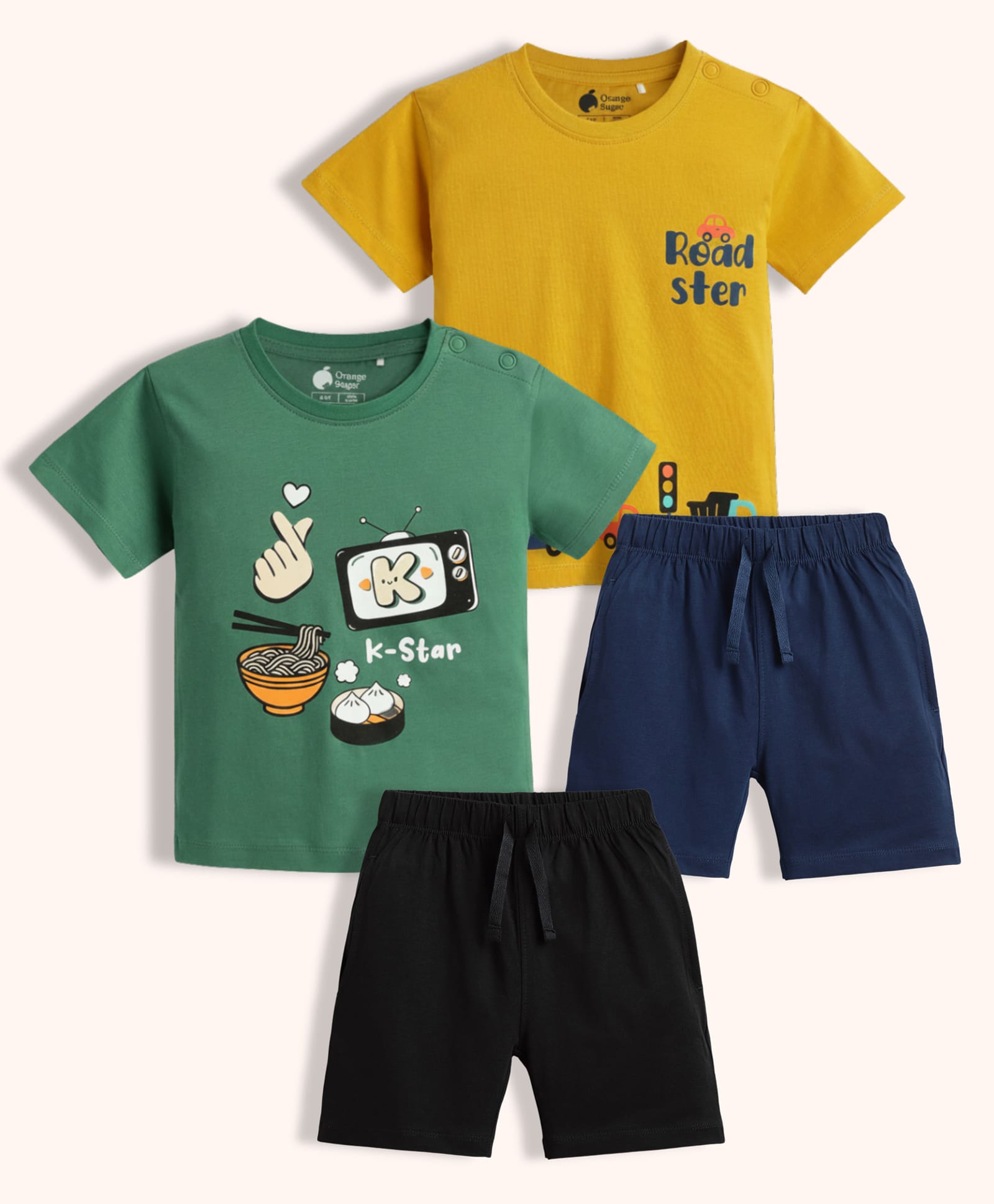 Orange Sugar 100% Cotton Knit Pack Of 2 Half Sleeves K Star & Roadster Text Printed Tees & Shorts Night Suit - Green & Mustard-picture-12