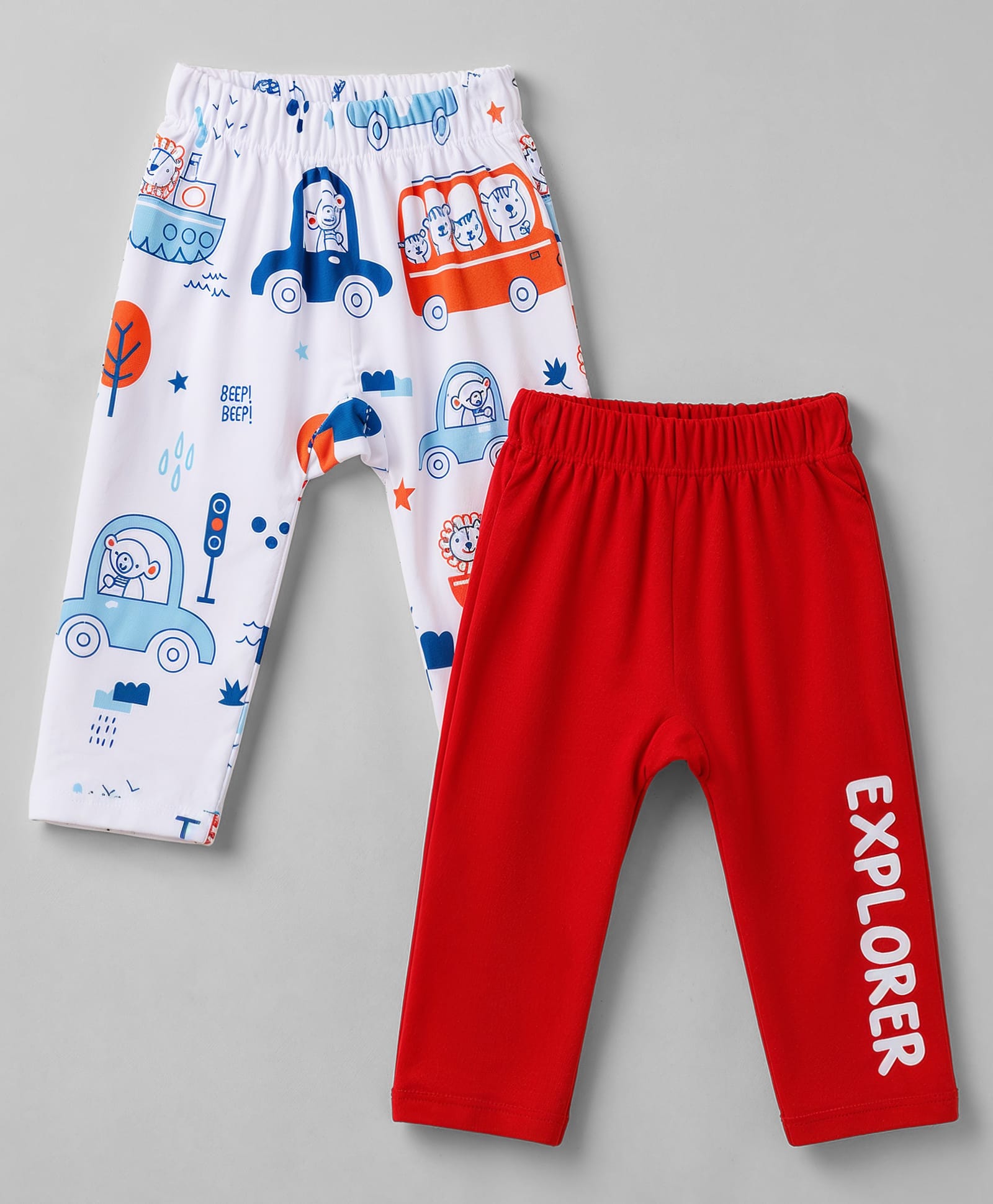 Doodle Poodle Cotton Knit Full Length Diaper Leggings with Car Text & Bear Print Pack of 2- White & Red-picture-44