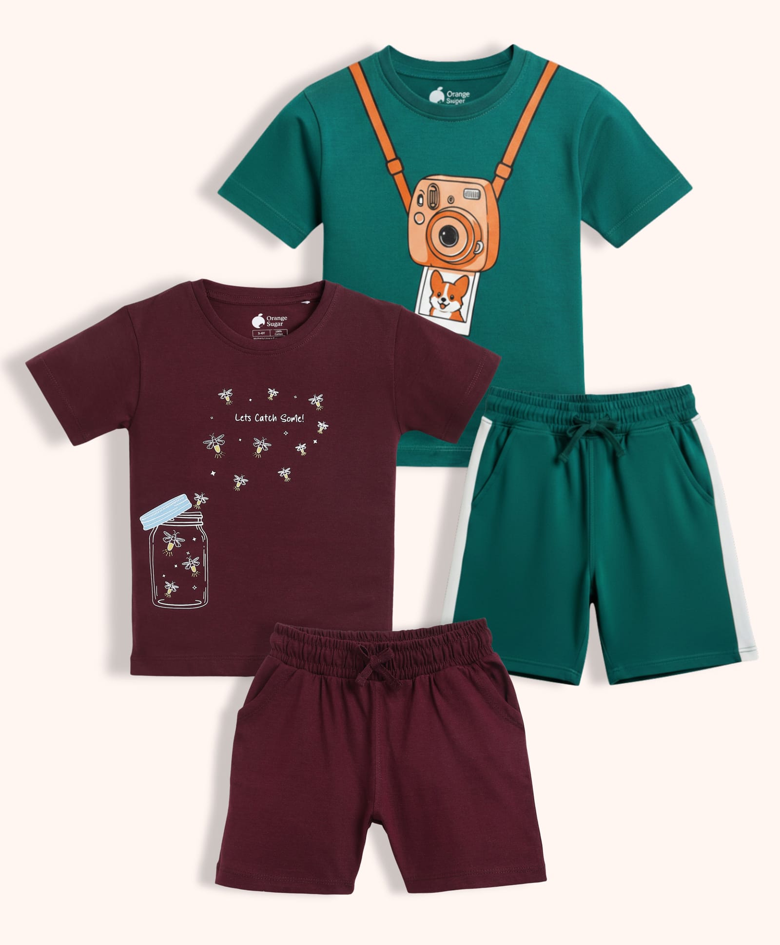Orange Sugar 100% Cotton Knit Pack Of 2 Half Sleeves Firefly Lets Catch Some Text & Camera Printed Tees & Shorts Night Suit - Wine & Green-picture-11
