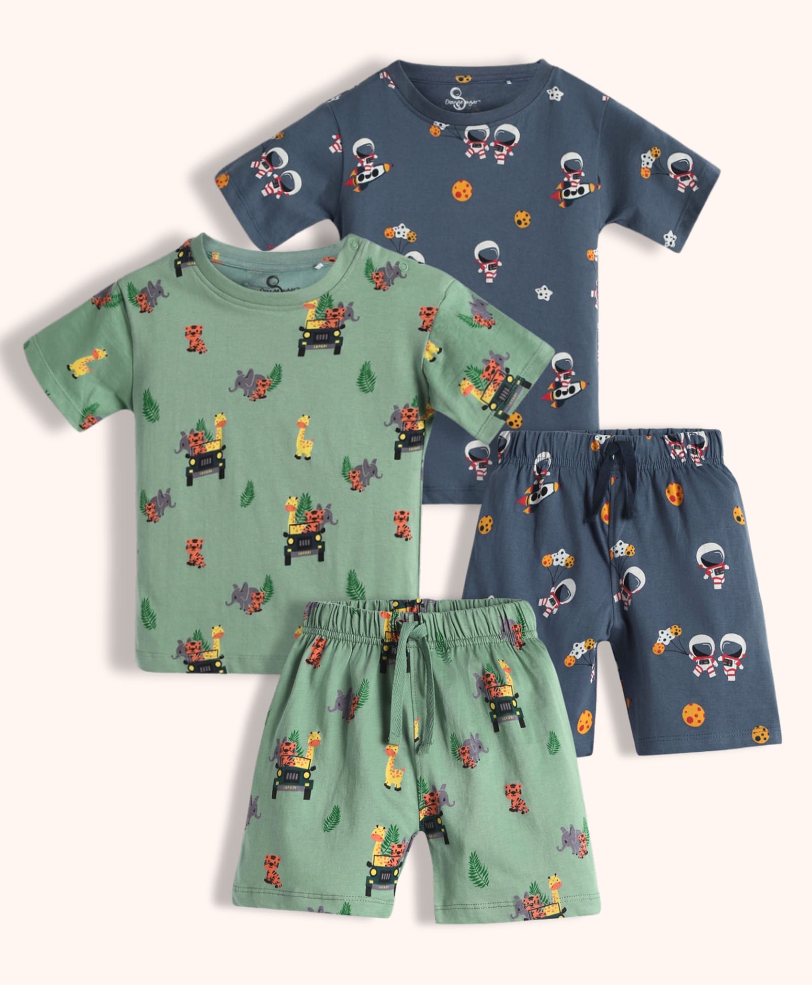 Orange Sugar 100% Cotton Knit Pack Of 2 Half Sleeves Jungle Safari & Space Theme Printed Coordinating Tees & Shorts Night Suit - Green & Navy Blue-picture-37