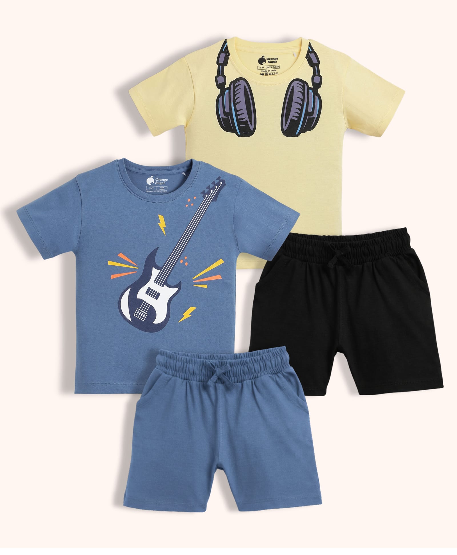 Orange Sugar 100% Cotton Knit Pack Of 2 Half Sleeves Guitar & Headphones Printed Tees & Shorts Night Suit - Air Force Blue & Yellow-picture-12