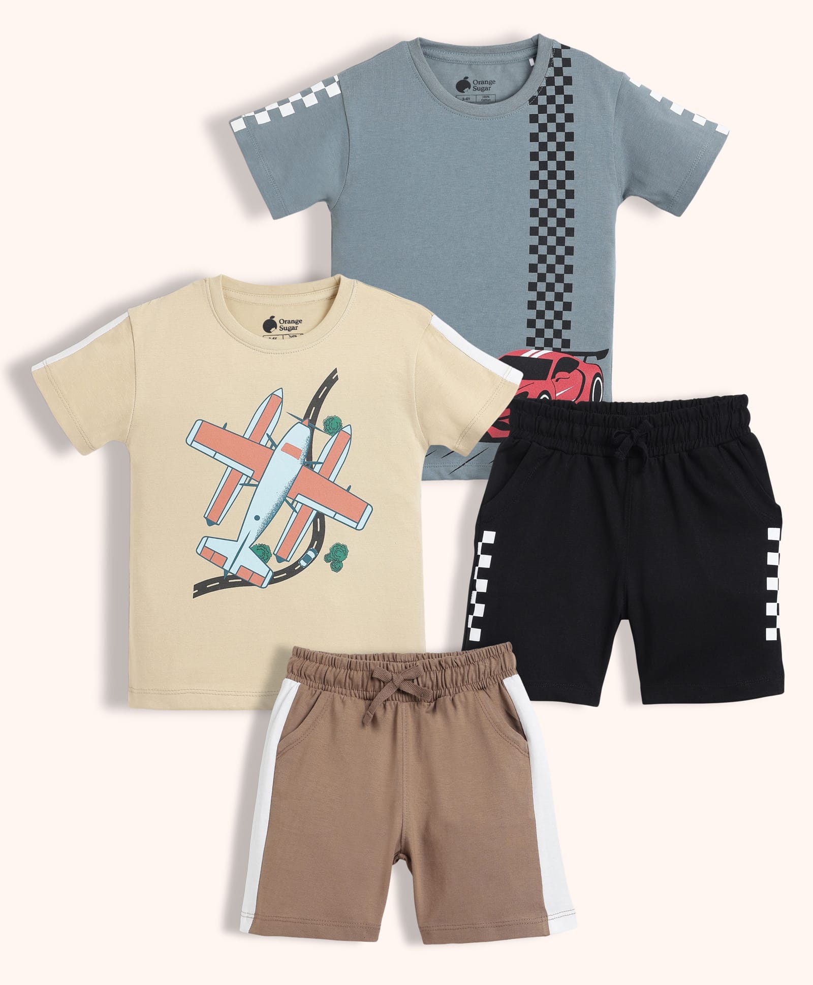 Orange Sugar 100% Cotton Knit Pack Of 2 Half Sleeves Plane & Car Printed Tees & Shorts Night Suit - Cream & Grey-image-37