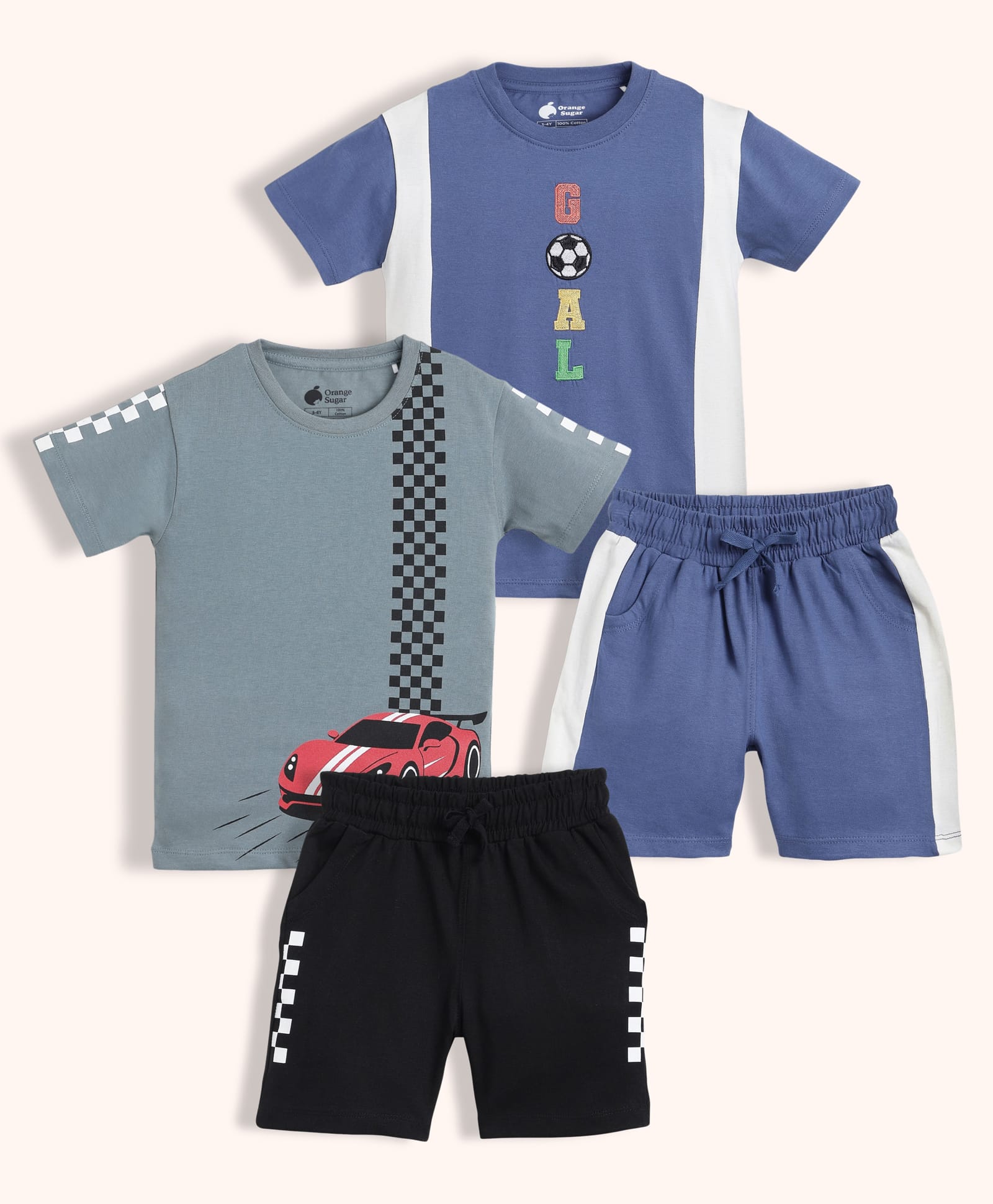 Orange Sugar 100% Cotton Knit Pack Of 2 Half Sleeves Car Printed & Goal Text Embroidered Tees & Shorts Night Suit - Grey & Blue-picture-13