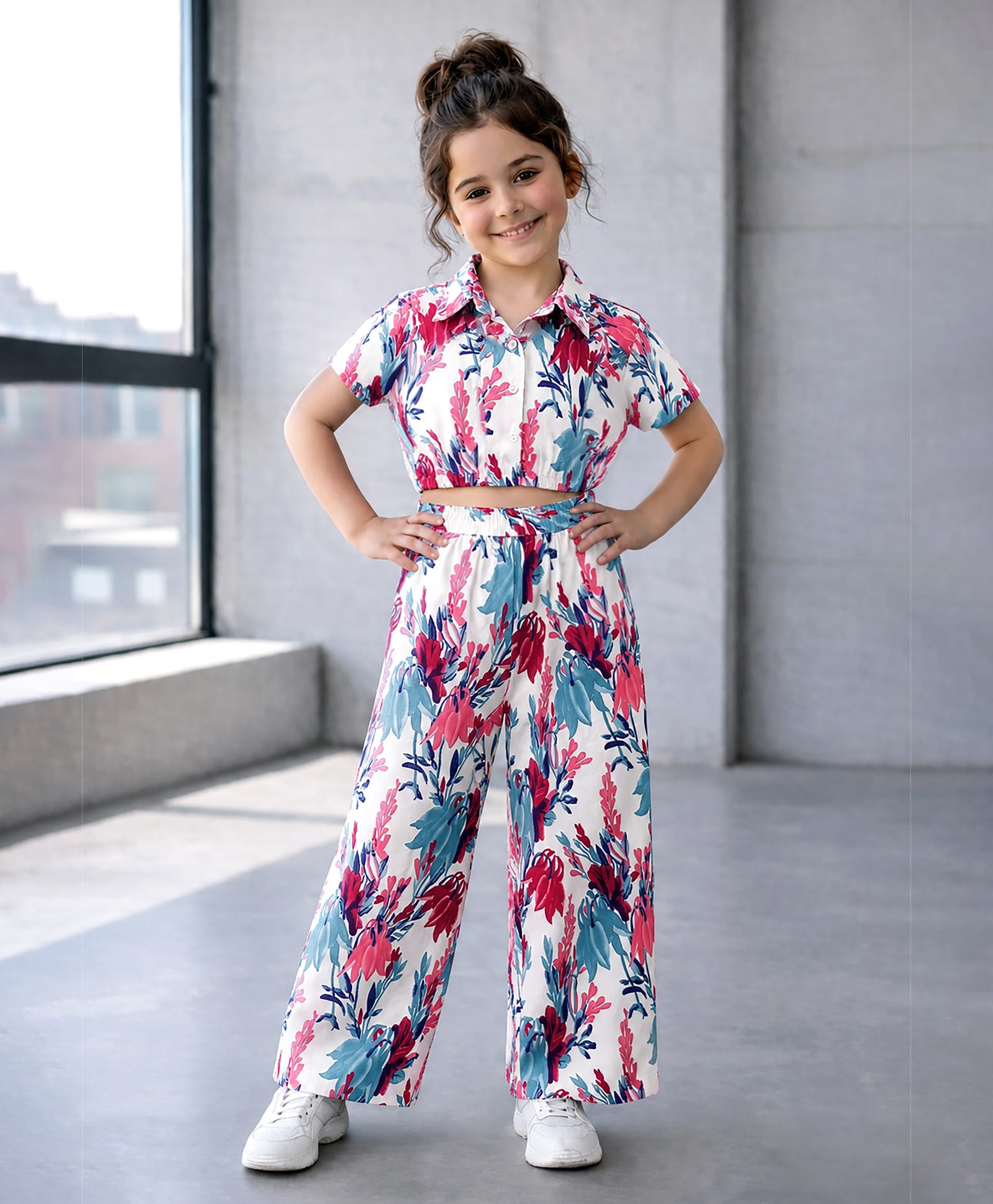 Fashion Dream Cotton Blend Knit Half Sleeves Coordinating Floral Printed Shirt Styled Top & Palazzo Set - White-image-4