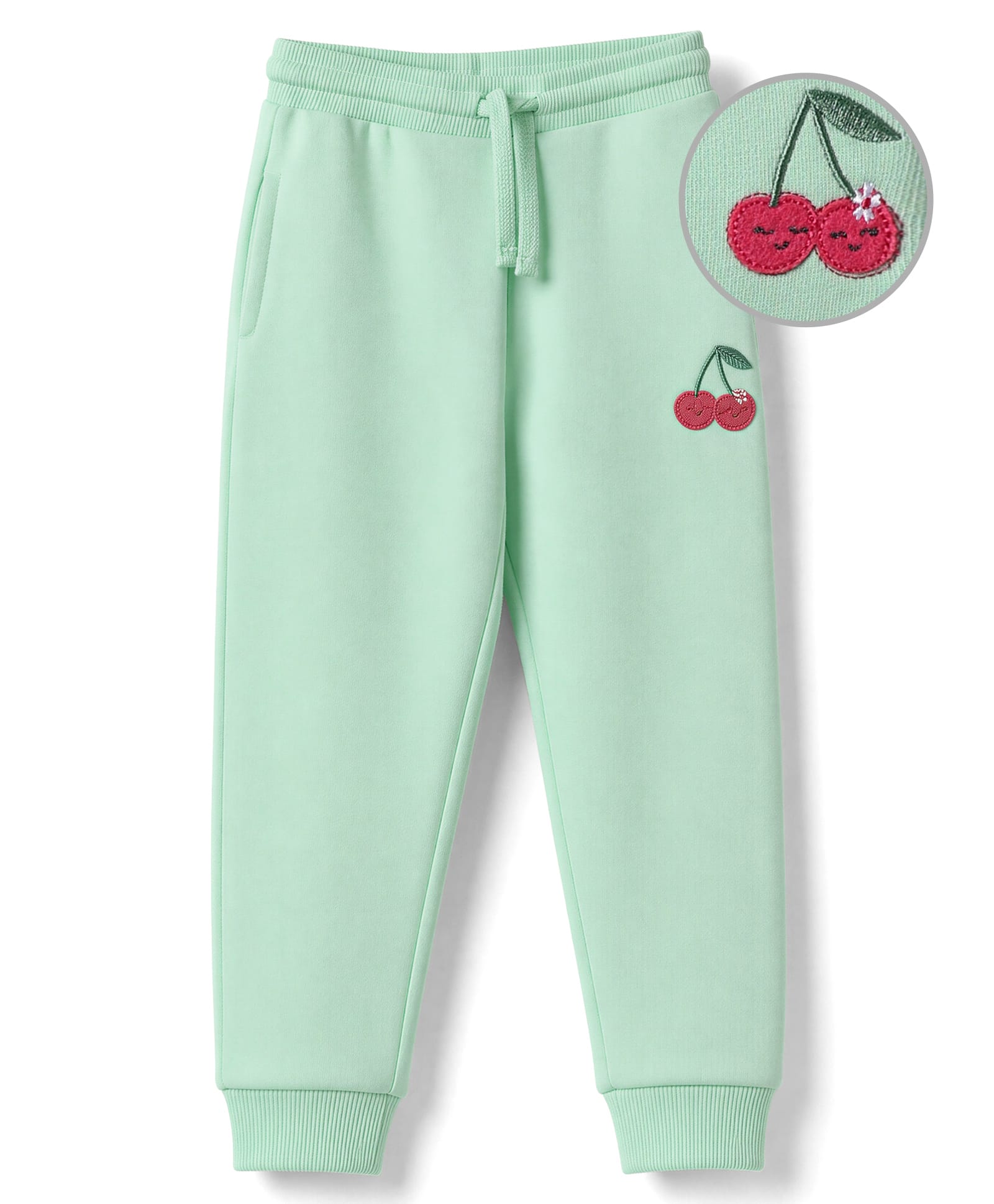 Babyhug Cotton Looper Knit Full Length Cherry Embroidered Lounge Pant - Sea Green-image-27
