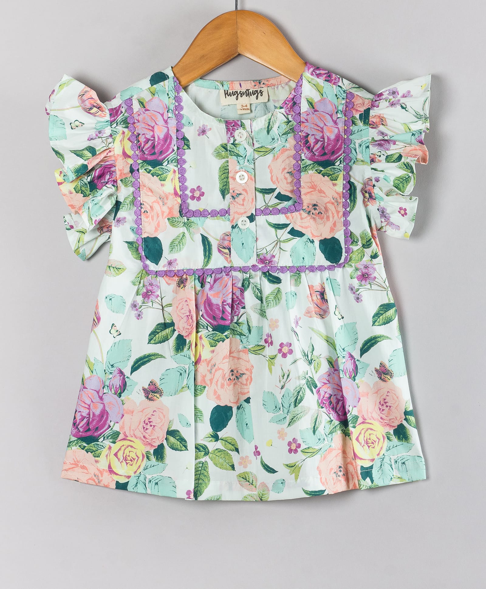 Hugsntugs Cotton Woven Frill Sleeves Floral Printed Top - Purple-picture-12